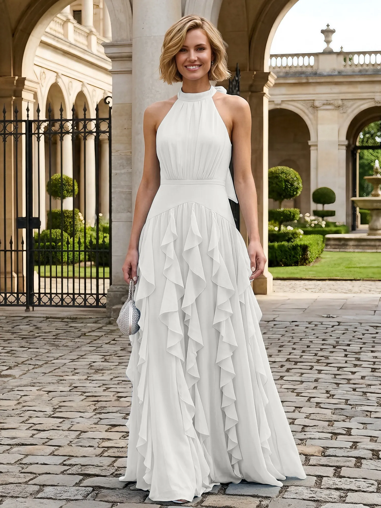 Halter Neck Ruffled Chiffon Evening Gown Maxi Dress
