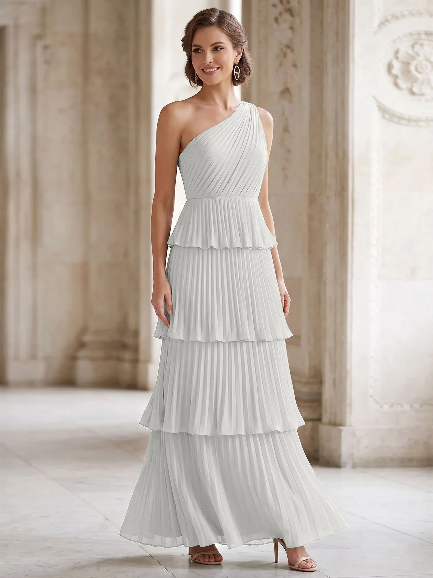 One-Shoulder Tiered Pleated Chiffon Evening Gown