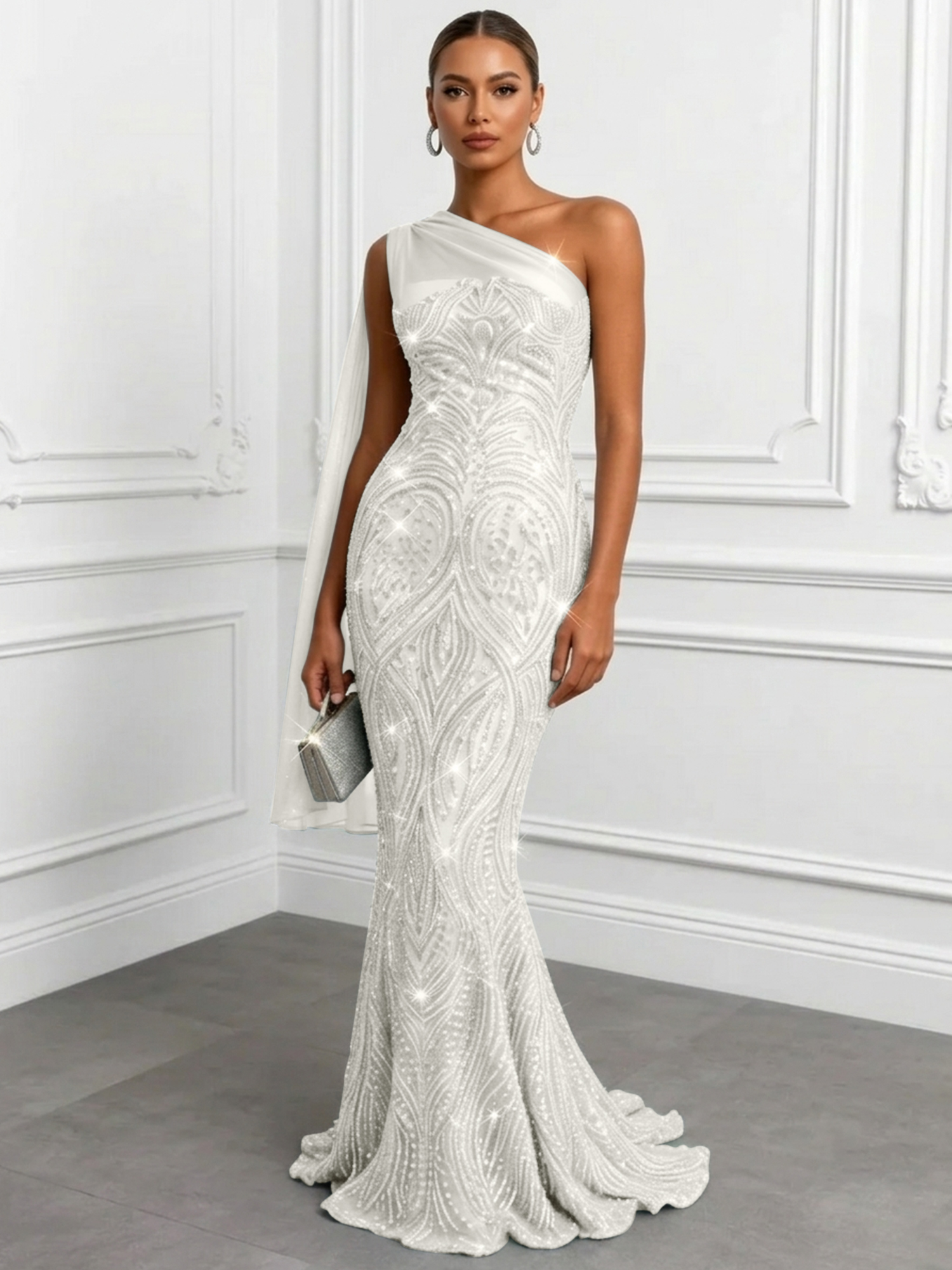 Shimmering Sage One-Shoulder Sequin Mermaid Evening Dress