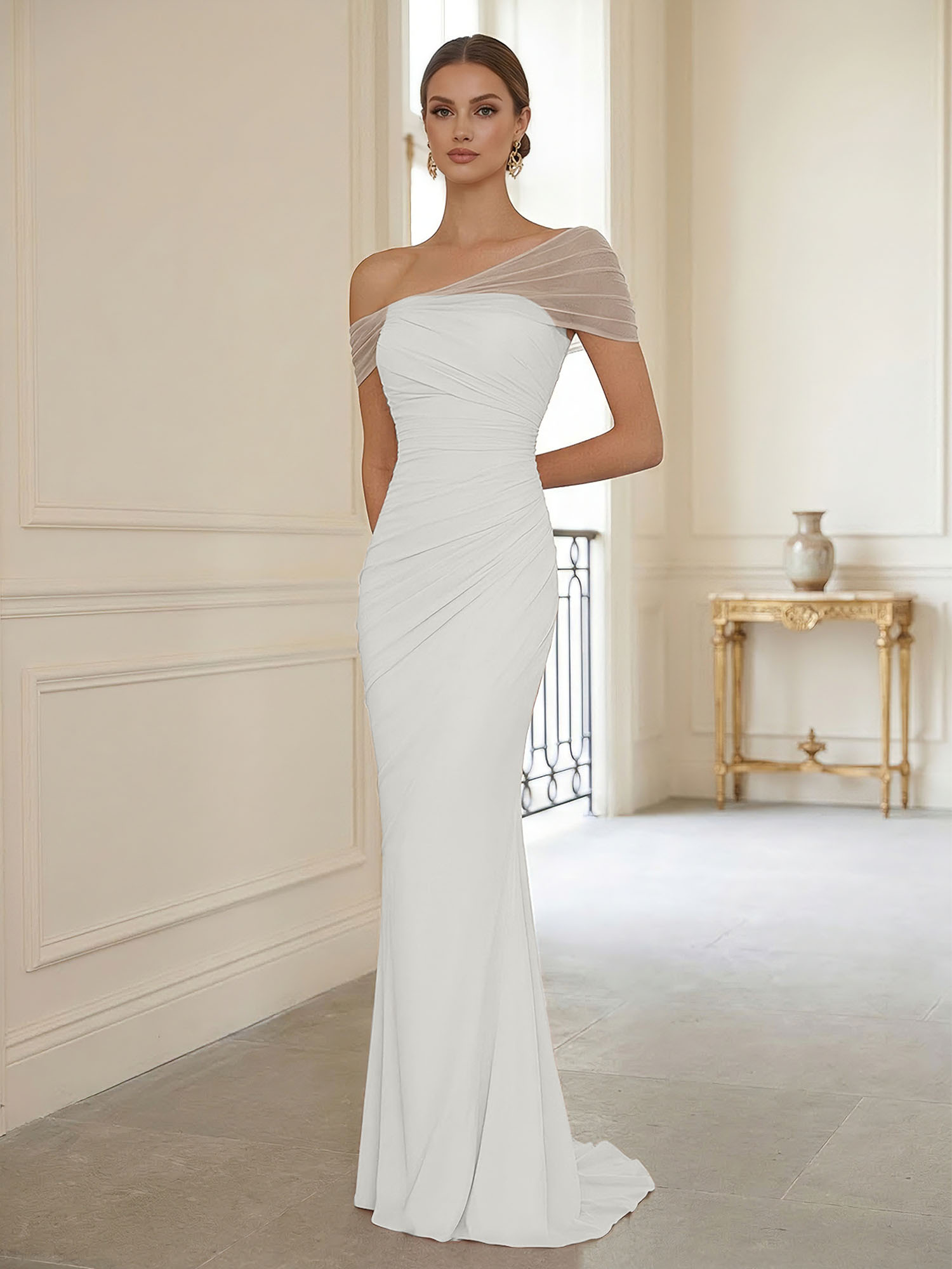 Sophisticated Blush Pink Asymmetrical Ruched Maxi Dress Evening Gown