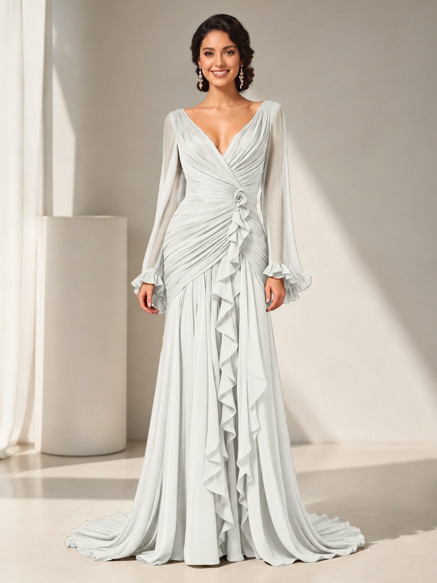 Grecian Olive Green Ruched Long-Sleeve Cascading Ruffle Formal Evening Dress
