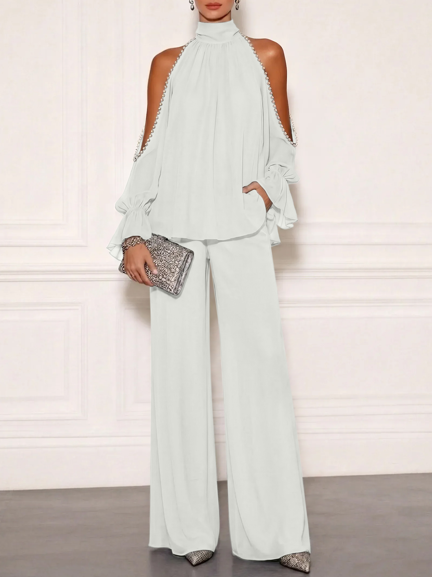 Sophisticated Embellished Cold Shoulder Formal Evening Jumpsuit