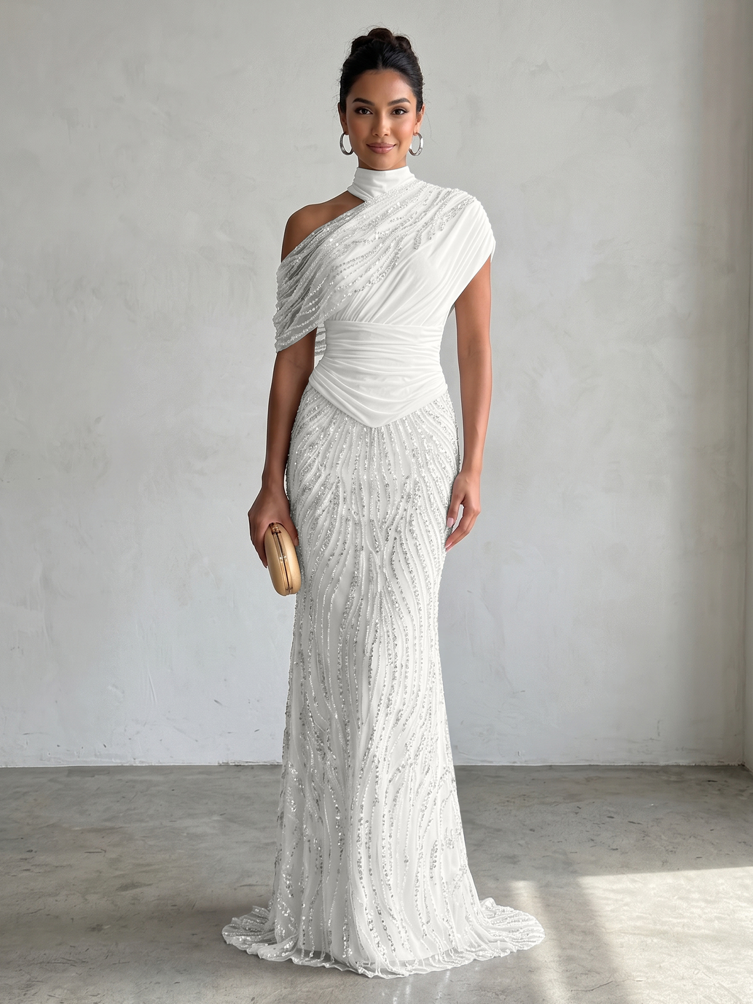 Ethereal White Beaded High-Neck Draped Sheath Formal Evening Dress