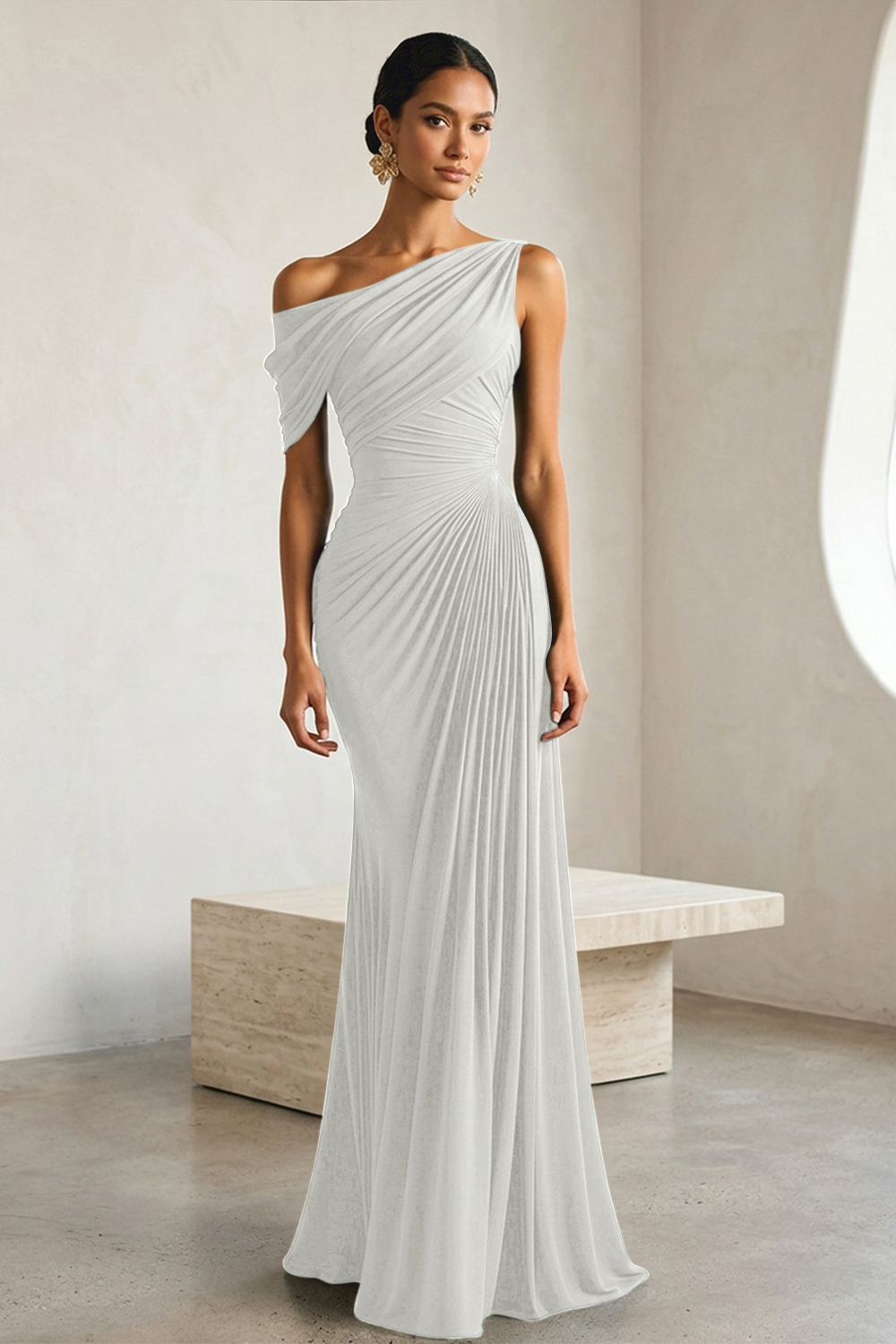 Timeless Black Architectural One-Shoulder Sheath Evening Gown