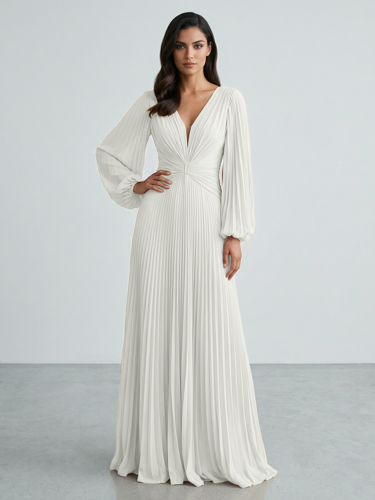 Slate Blue Plunging V-Neck Pleated Long Sleeve Maxi Dress Gown