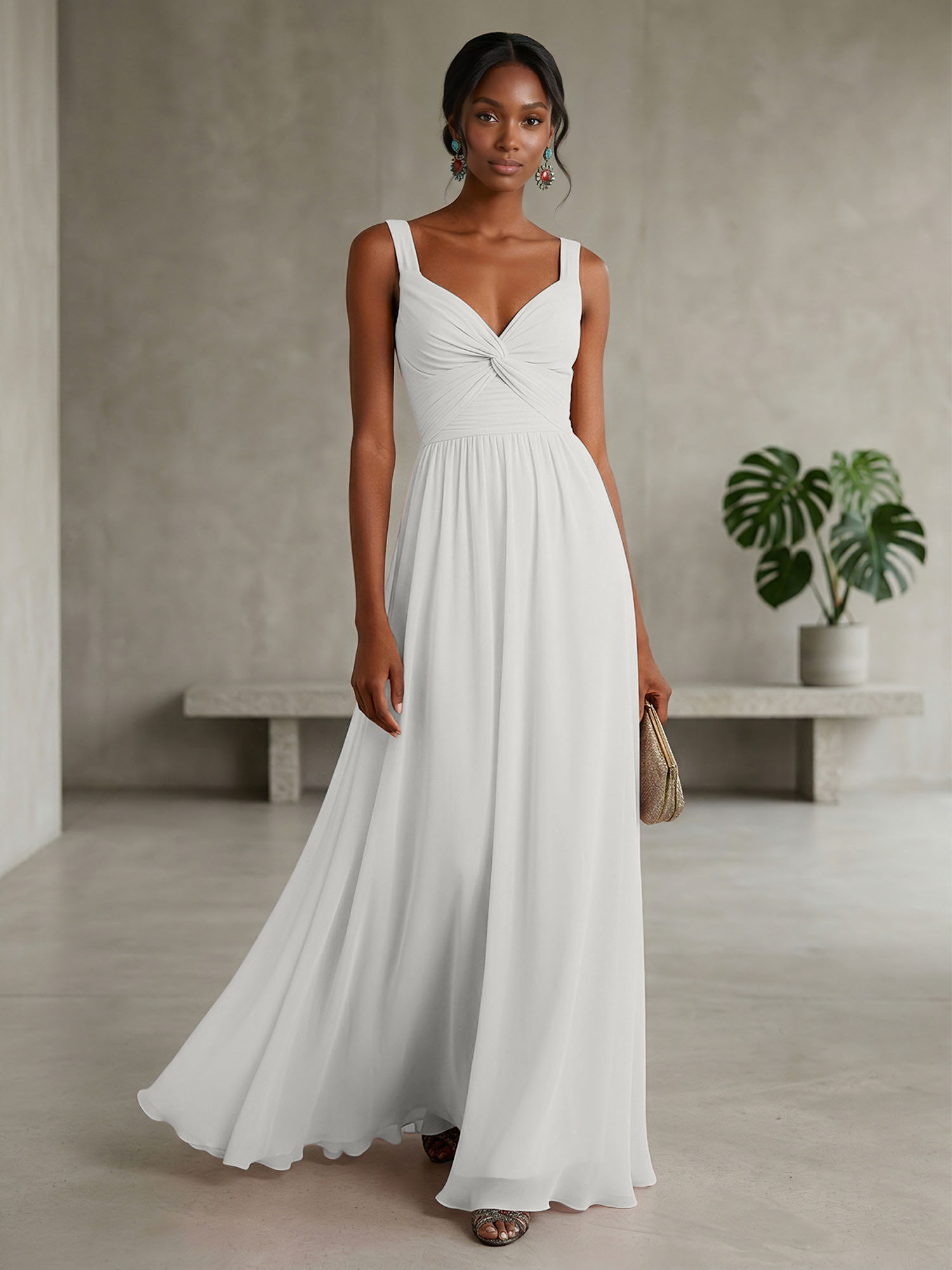Elegant Soft Blush Twist-Front Chiffon Maxi Gown