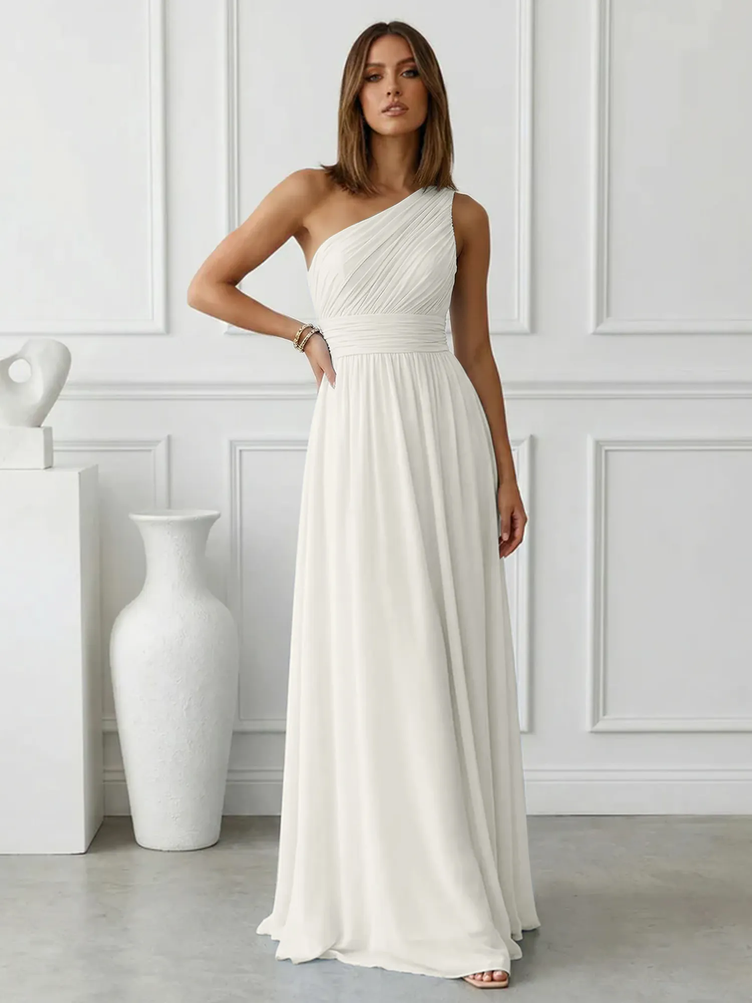 One-Shoulder Pleated Chiffon A-Line Evening Dress