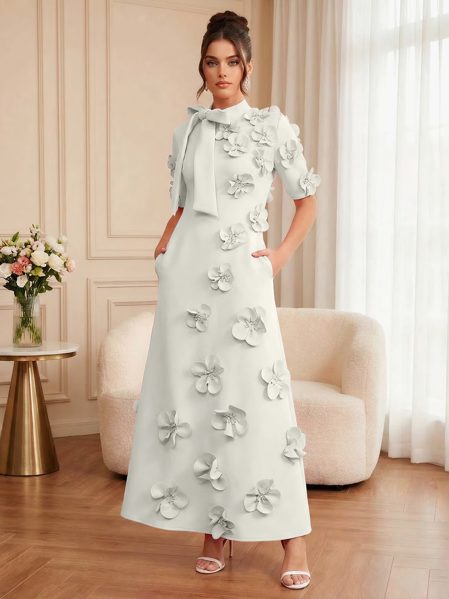 Pink Short Sleeve 3D Floral Maxi Dress Gown