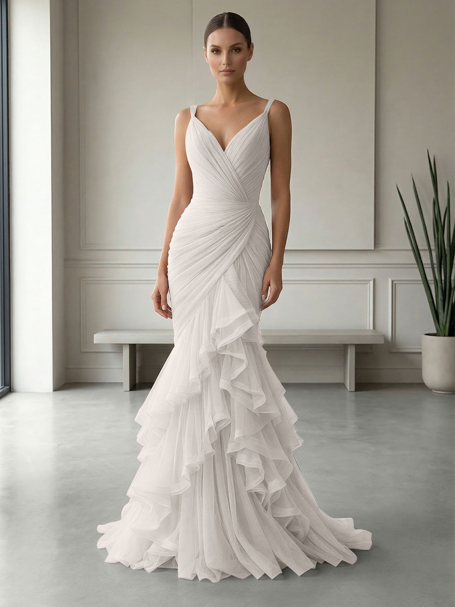 Mauve Folds Tulle Strapless Sleeveless Mermaid Gown Dress