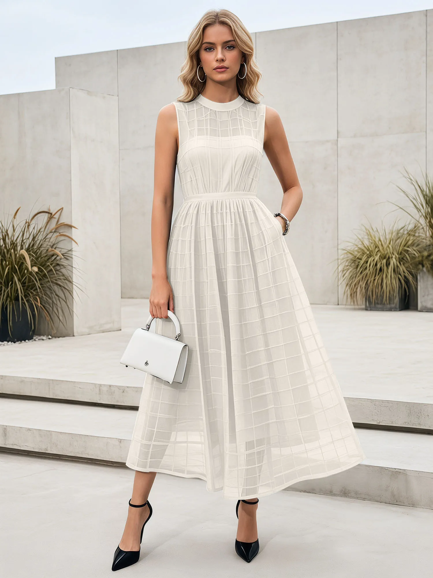Sleeveless Grid Mesh A-Line Midi Evening Dress