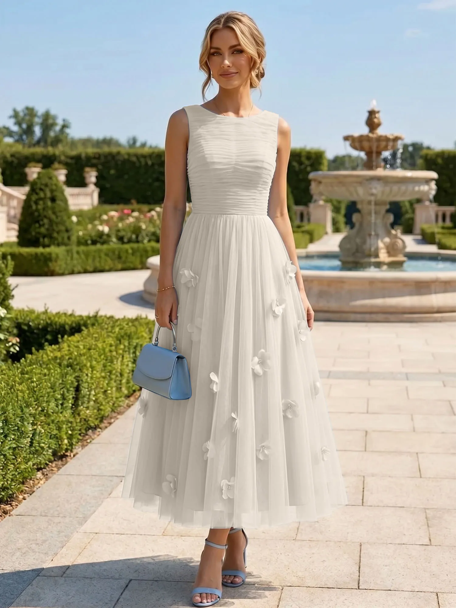 A Line Sleeveless Tulle Midi Dress with 3D Floral Appliqués