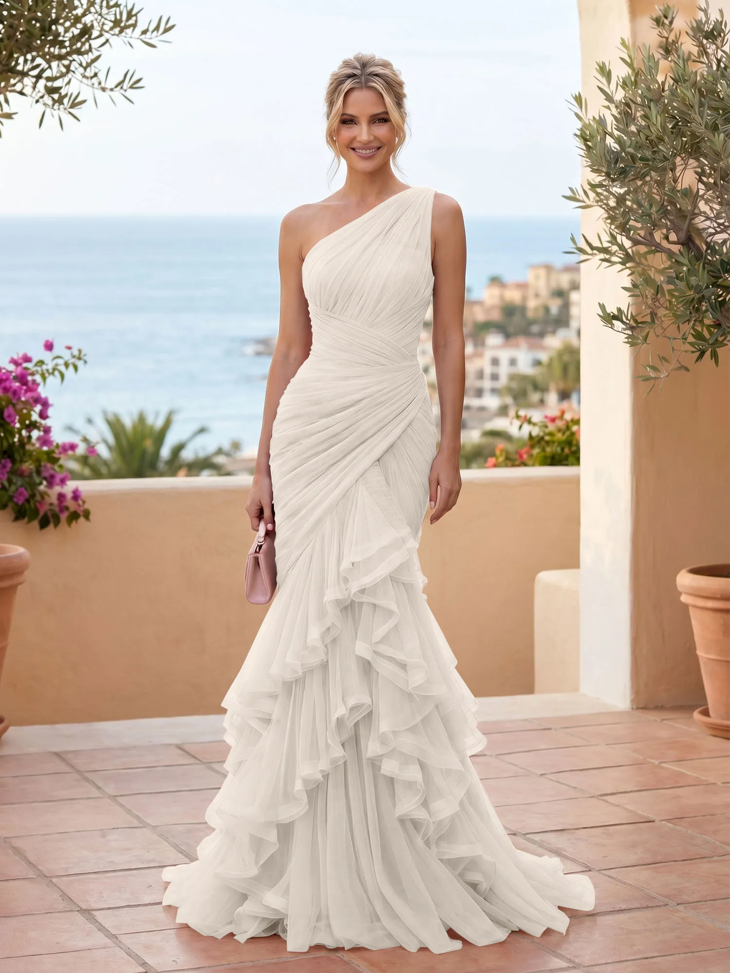 One-Shoulder Ruched Tulle Mermaid Evening Gown