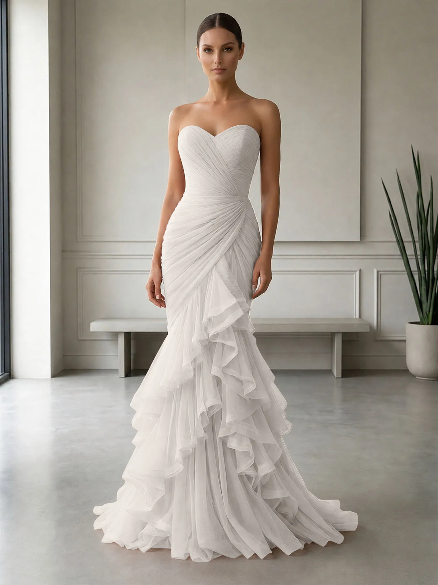 Strapless Ruched Tulle Mermaid Evening Gown Maxi Dress