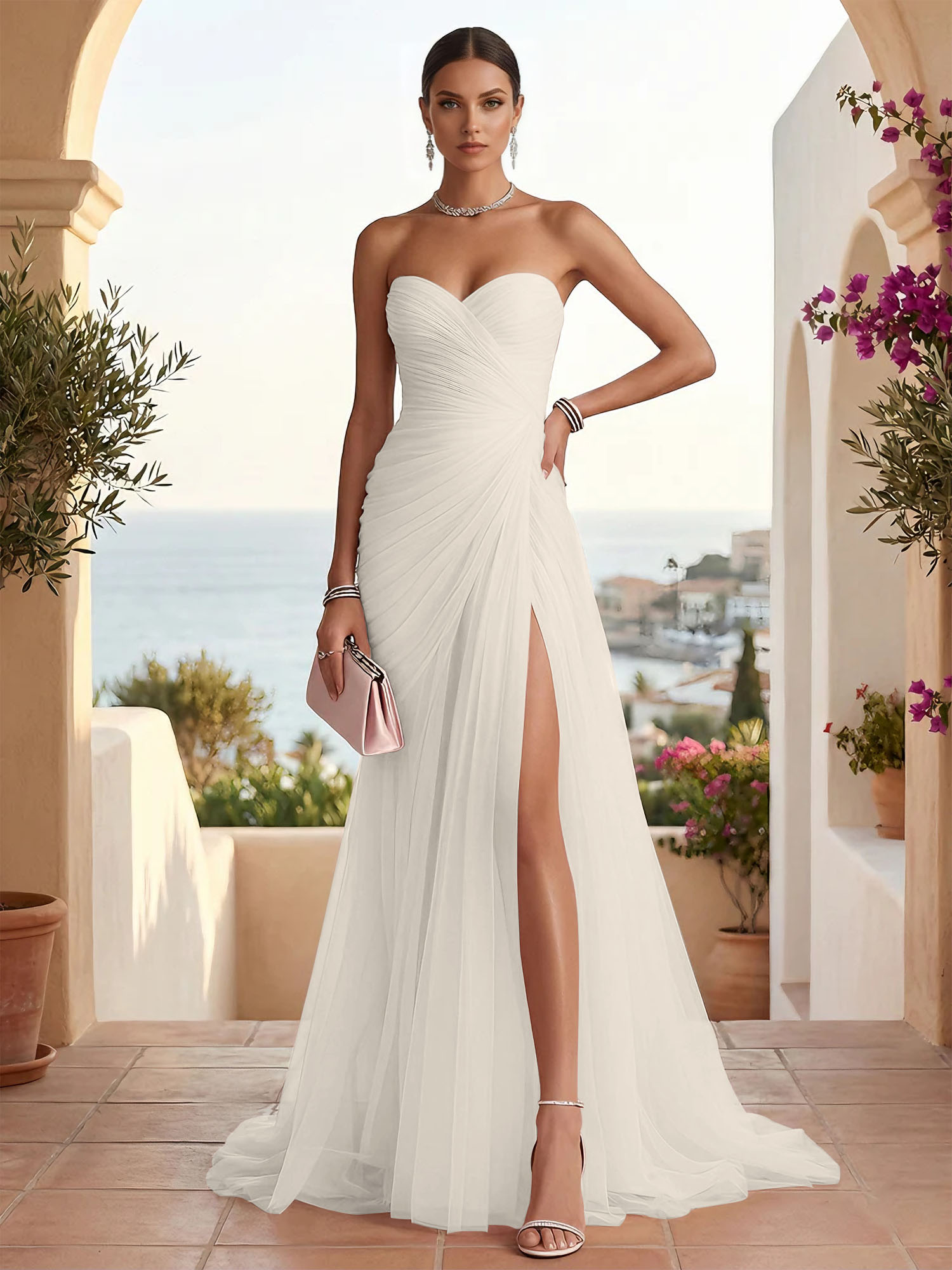 Strapless Sweetheart High Slit Tulle Pleat Prom Dress Evening Dresses