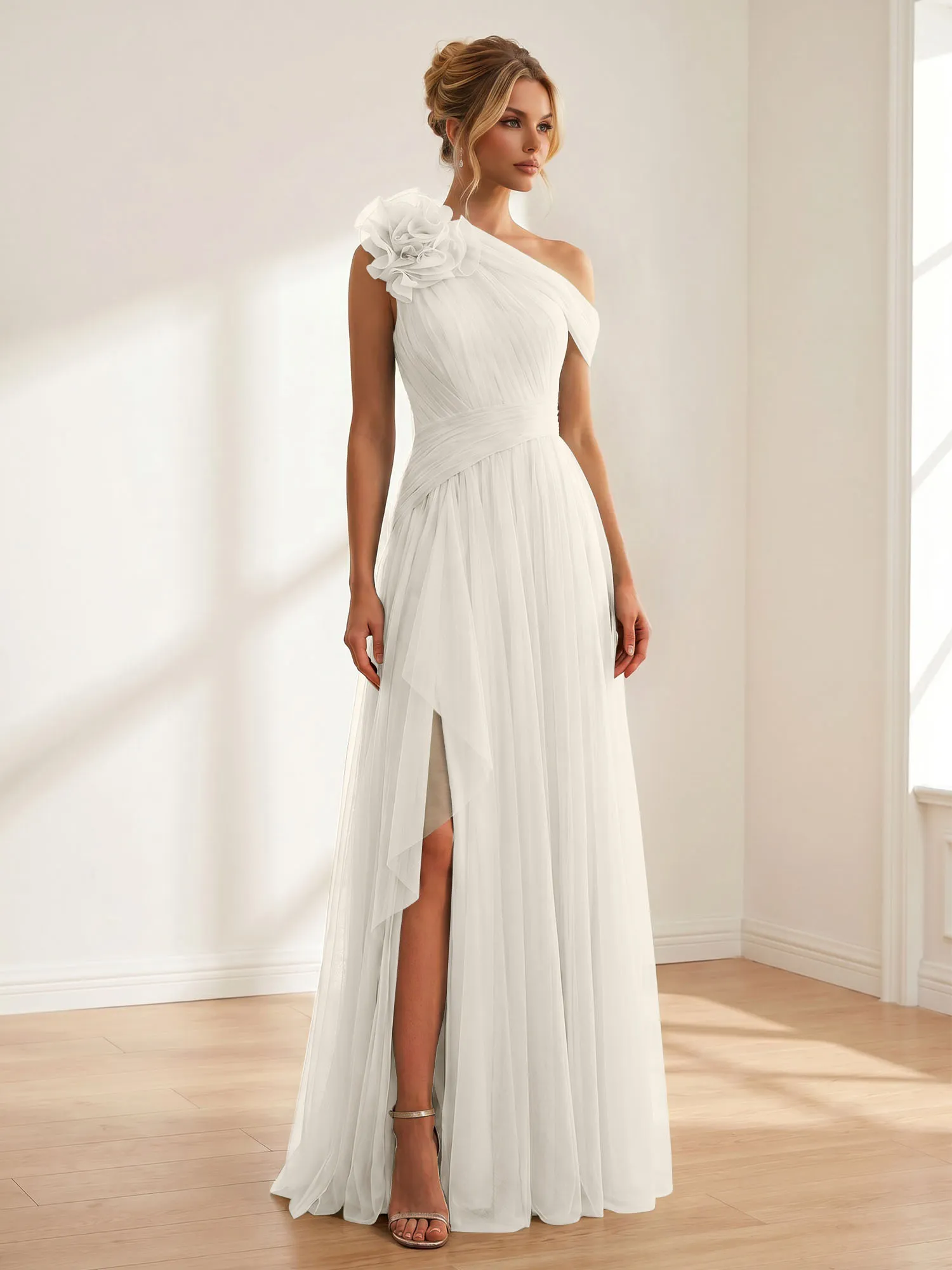 One-Shoulder Tulle Evening Gown with Floral Accent