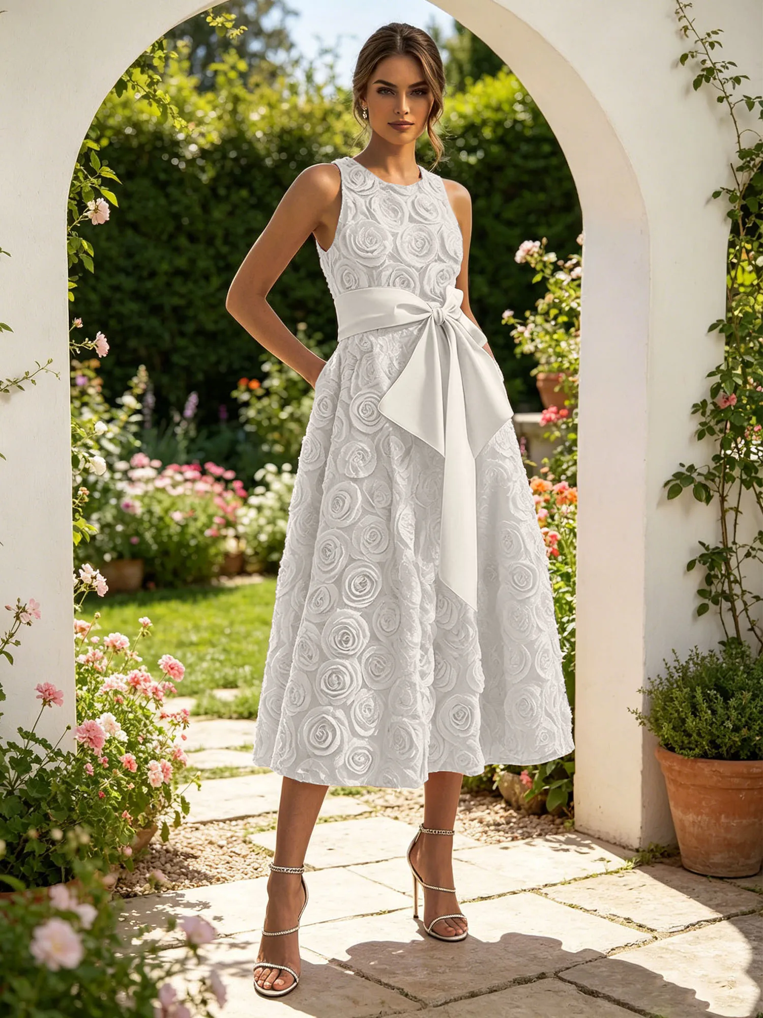 Sleeveless 3D Rose Midi Evening Dress with Satin Bow Sash