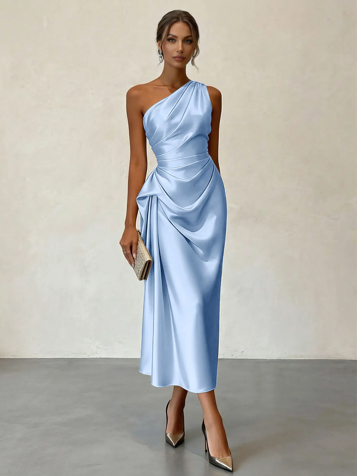 One-Shoulder Ruched Satin Midi Evening Dress with Draped Detail