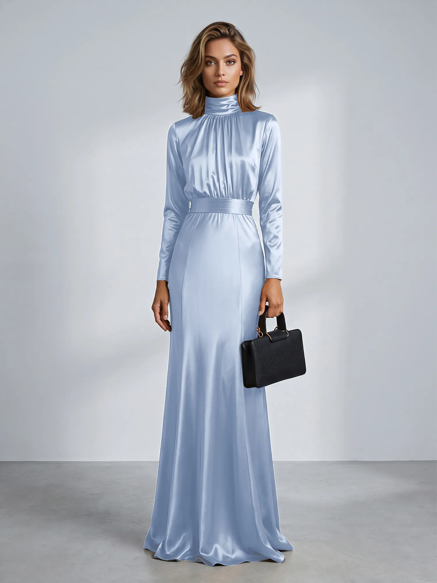 High Neck Long Sleeve Satin Mermaid Evening Gown with Waist Sash