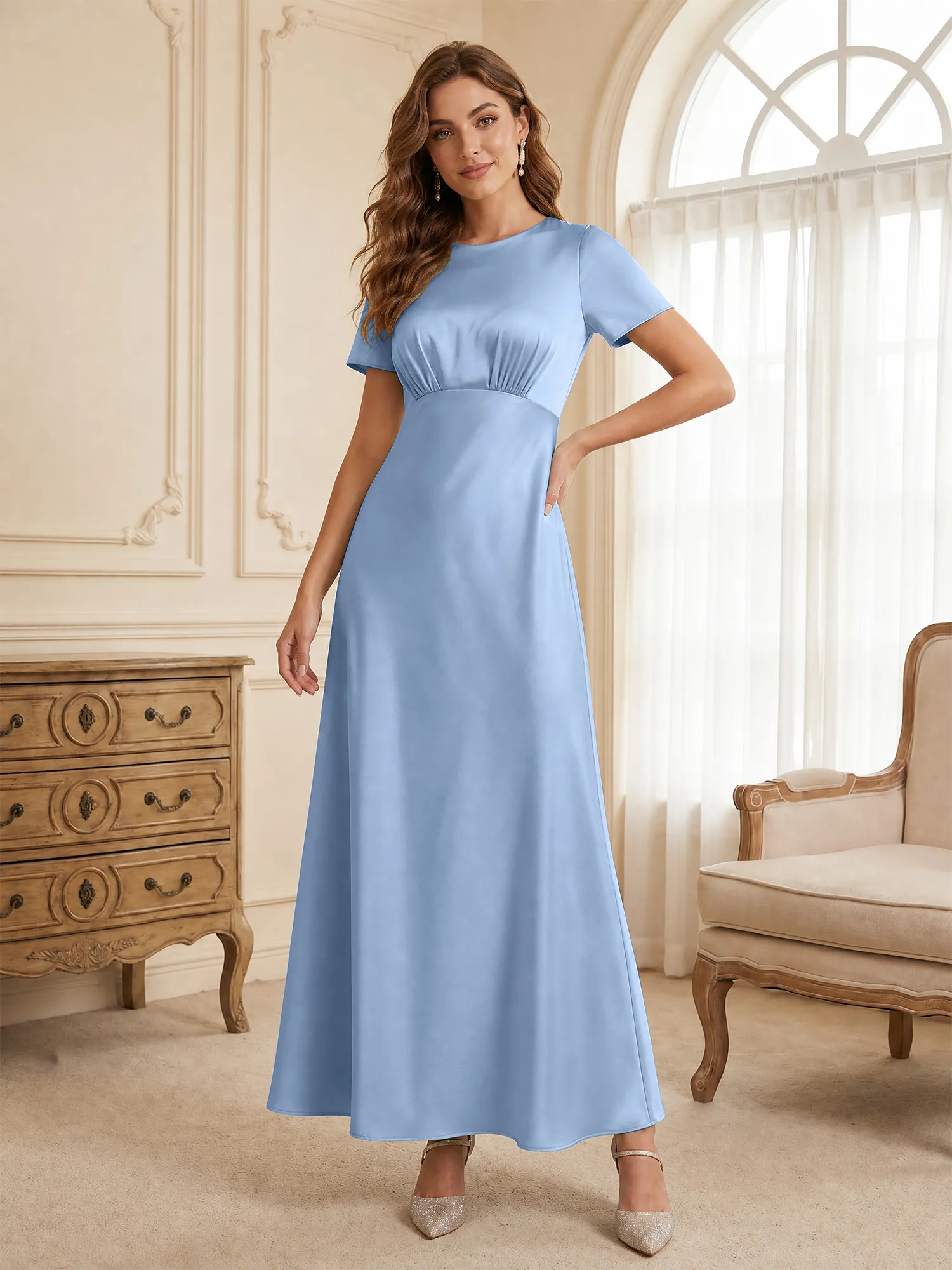 Round Neck Short Sleeve Satin Bridesmaid Dress