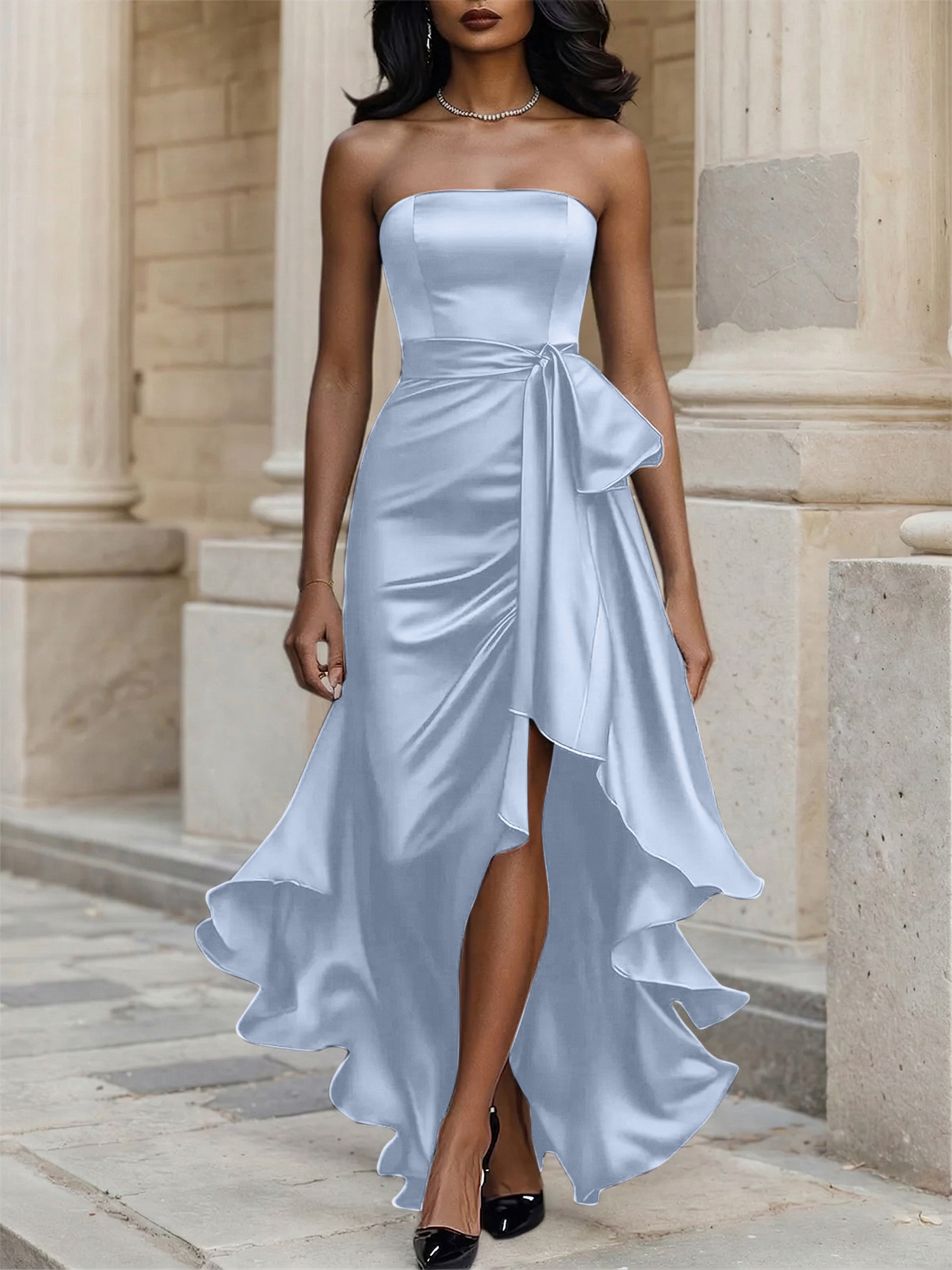 Glamorous Formal Dress Midnight Navy Strapless High-Low Satin Gown Midi Dress