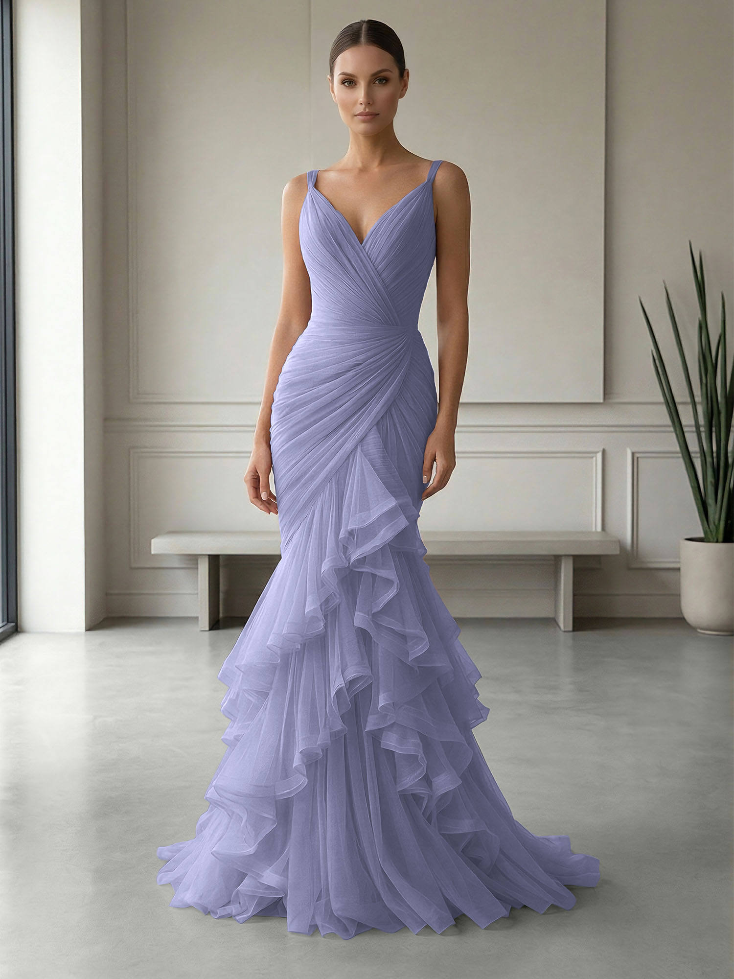 Mauve Folds Tulle Strapless Sleeveless Mermaid Gown Dress