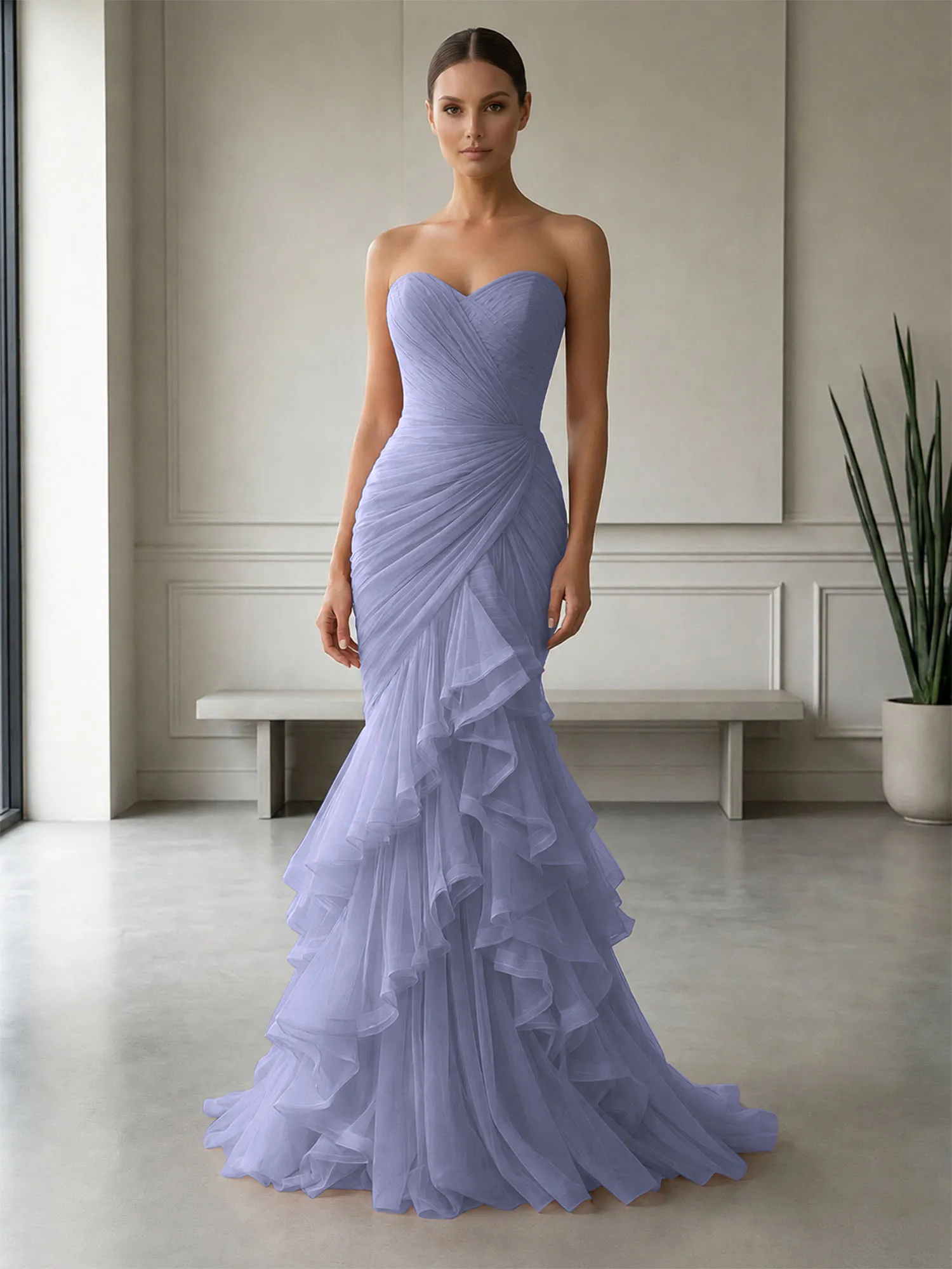 Strapless Ruched Tulle Mermaid Evening Gown Maxi Dress