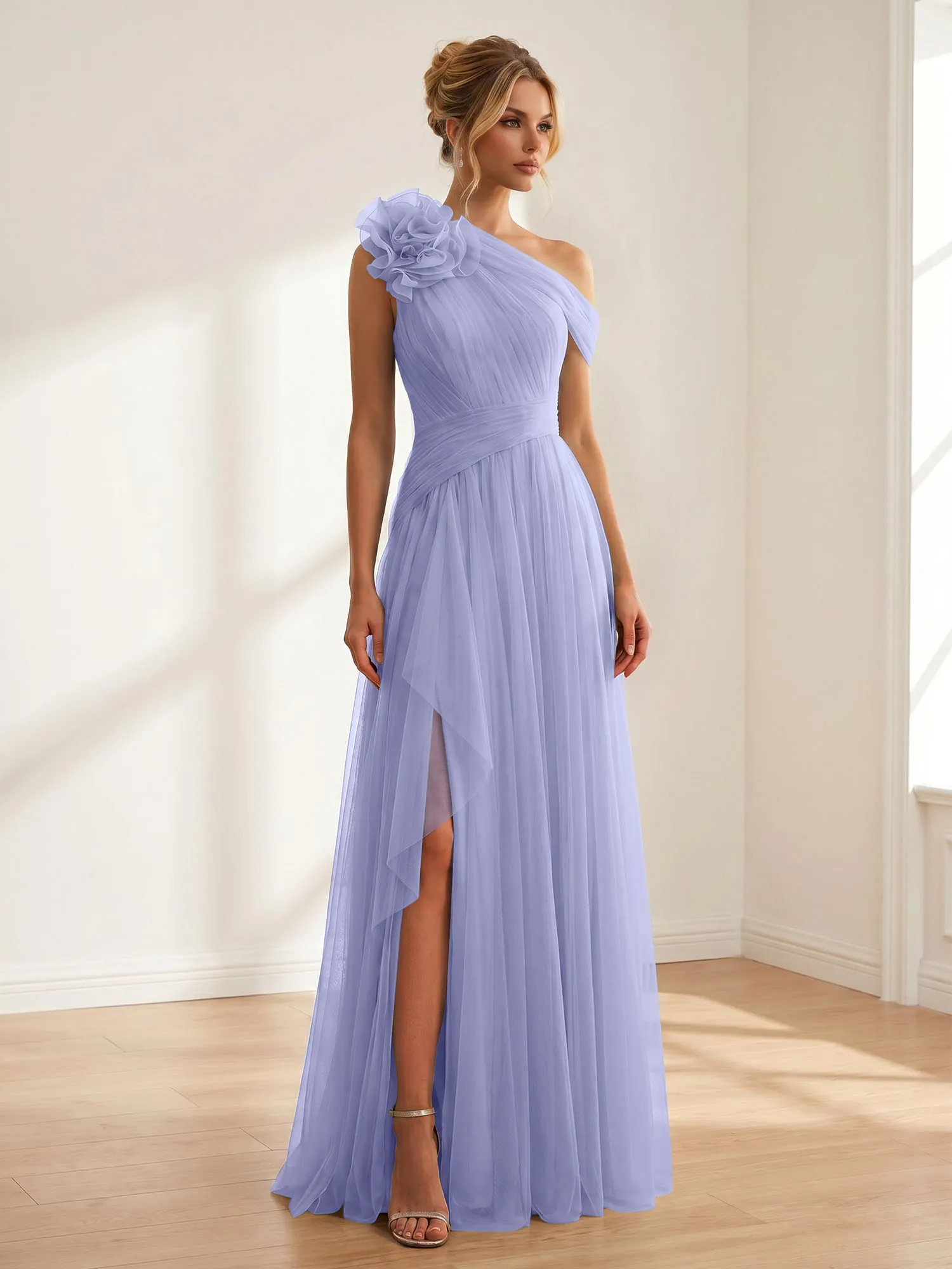 One-Shoulder Tulle Evening Gown with Floral Accent