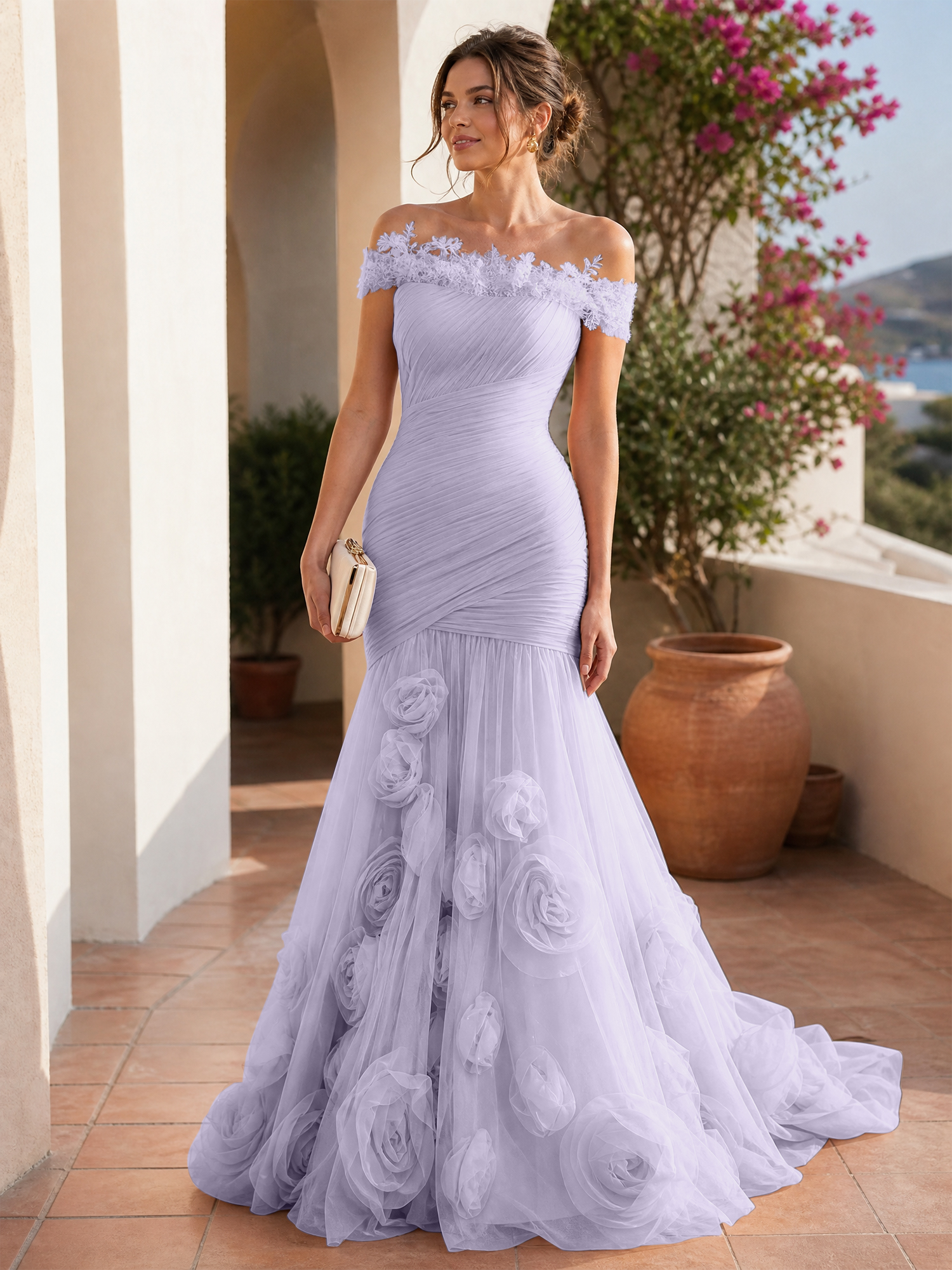 Romantic Blushing Rose Off-the-Shoulder Mermaid Formal Evening Dress 