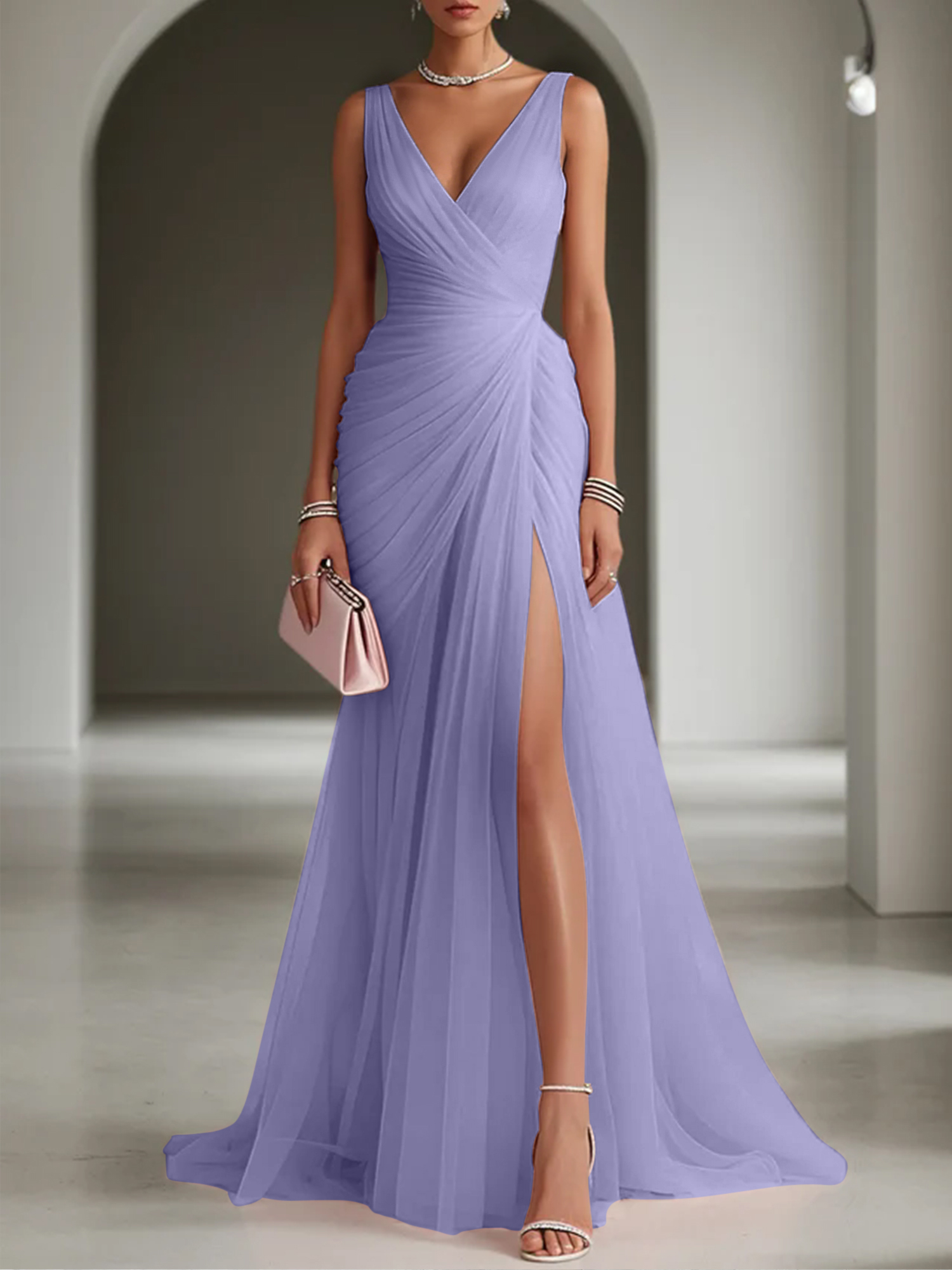 Pink Ruched Slit Tulle V Neck One Shoulder Sheath Gown Dress