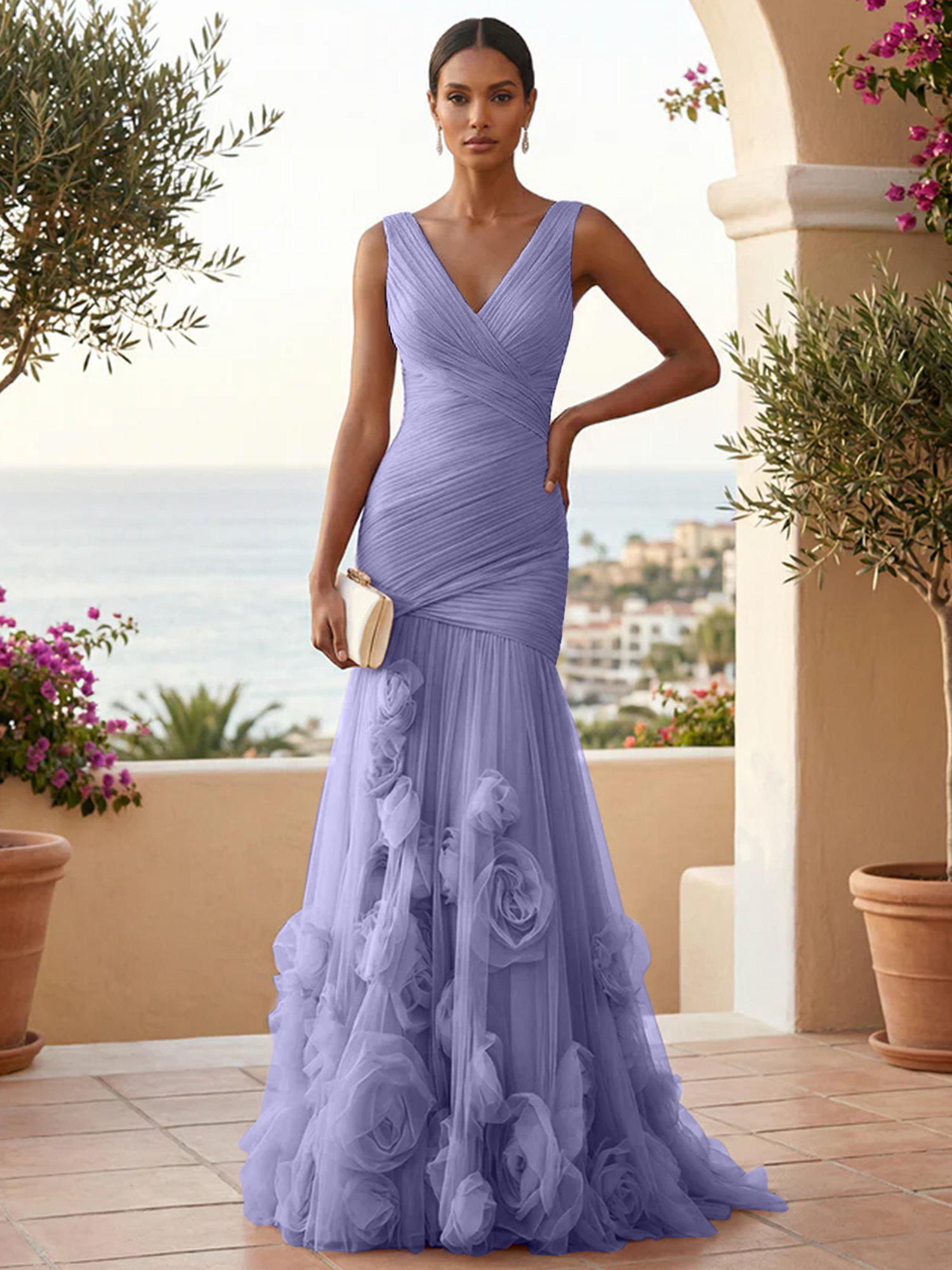 Sweetheart Tulle V Neck Pleat Mermaid Evening Dresses with 3D Flower