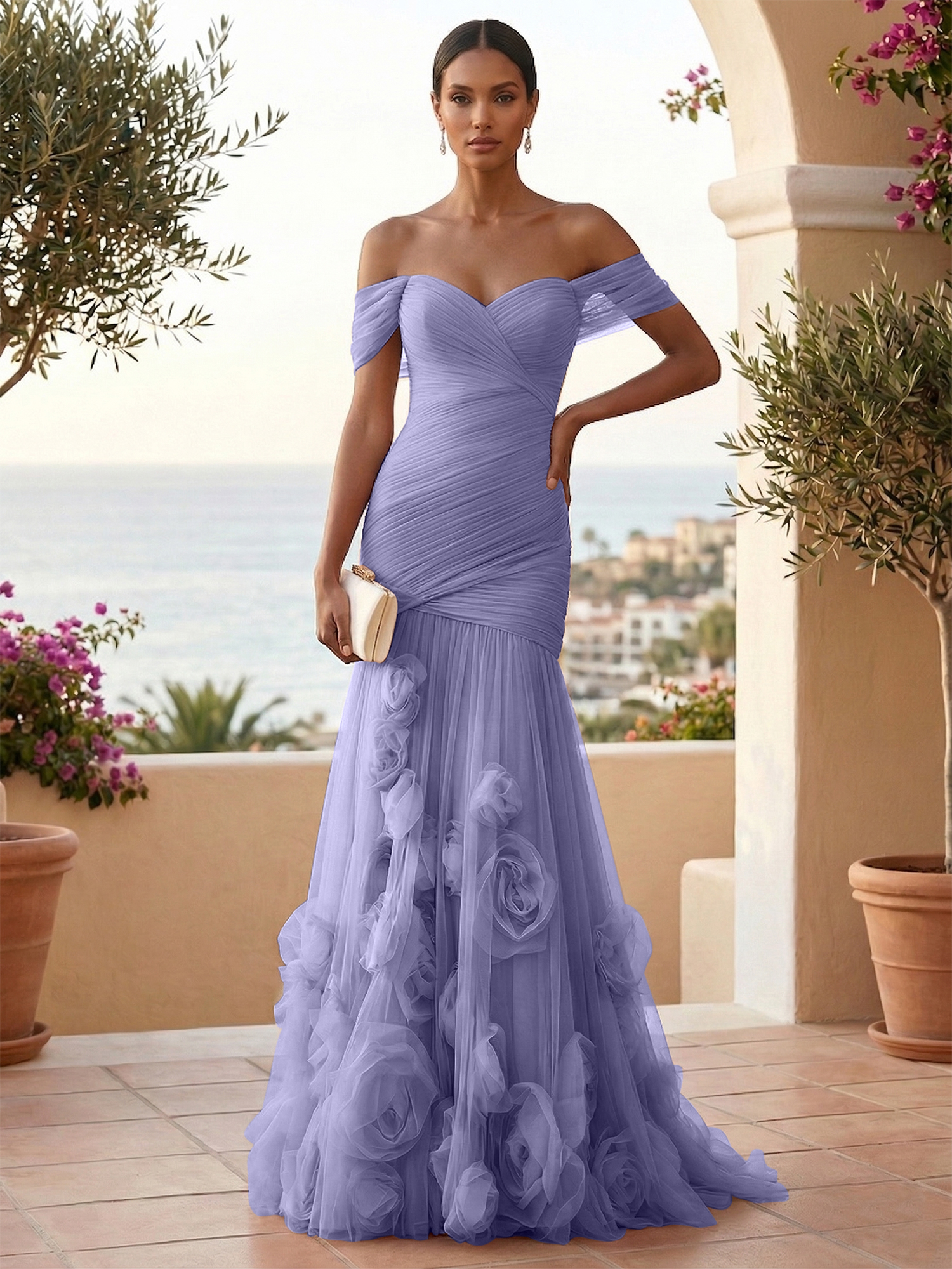 Sweetheart Tulle Off the Shoulder Pleat Mermaid Evening Dresses with 3D Flower