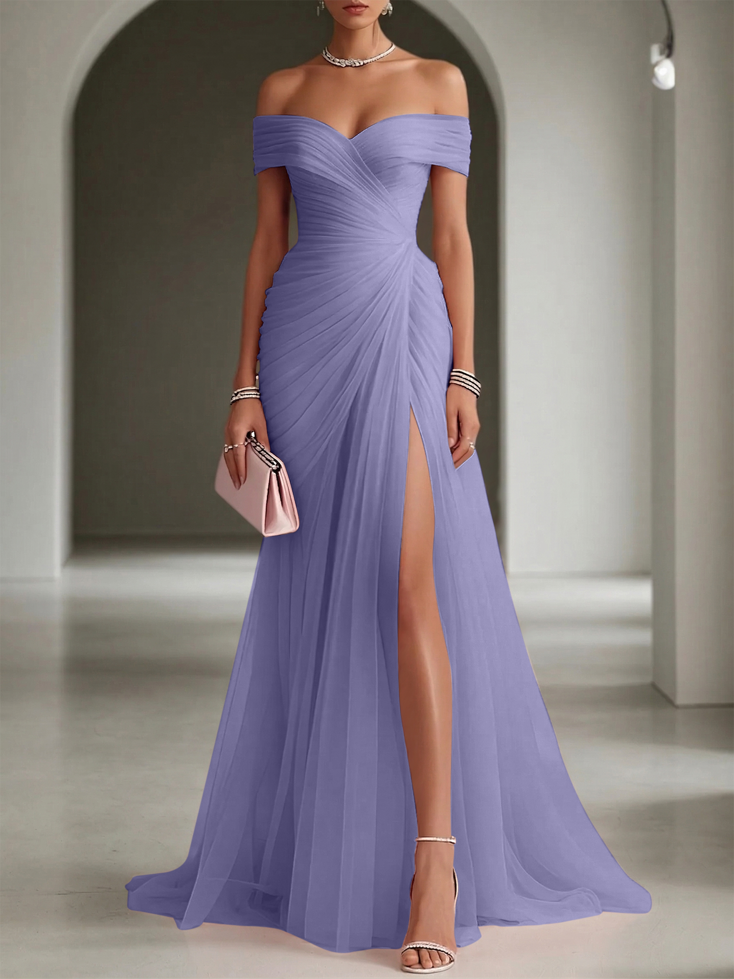 Blush Ruched Slit Tulle Off the Shoulder Sleeveless Sheath Gown Dress