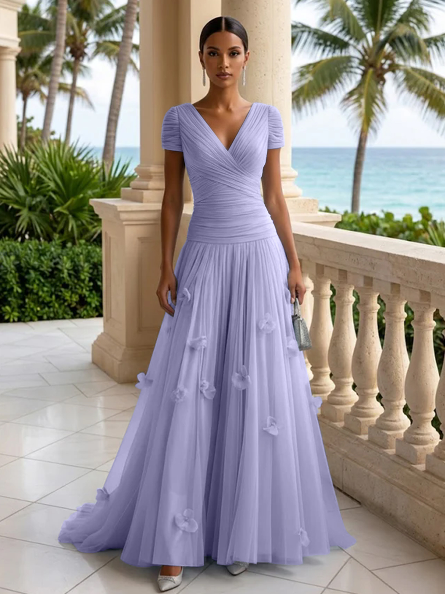 Elegant V-Neck Ruched Tulle A-Line Evening Gown with 3D Floral Appliqués