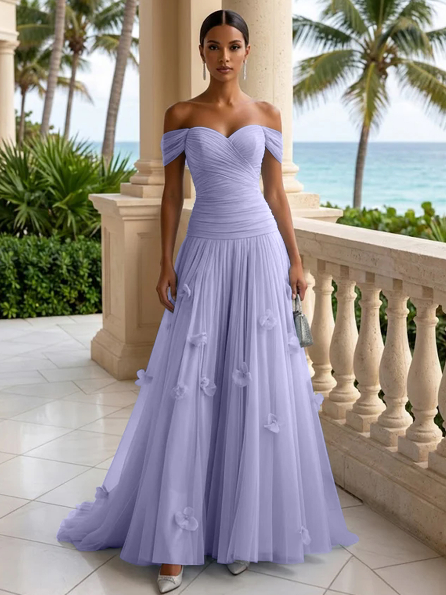Elegant Off-the-Shoulder Ruched Tulle A-Line Evening Gown with 3D Floral Appliqués