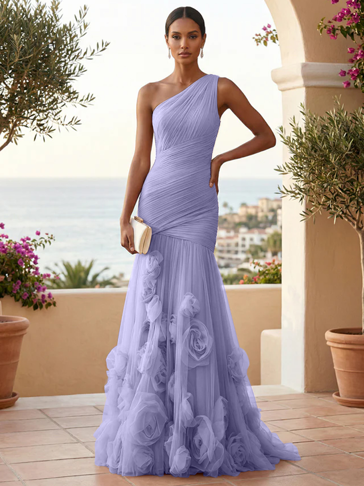Sweetheart Tulle Pleat One Shoulder Mermaid Evening Dresses Gown with 3D Flower