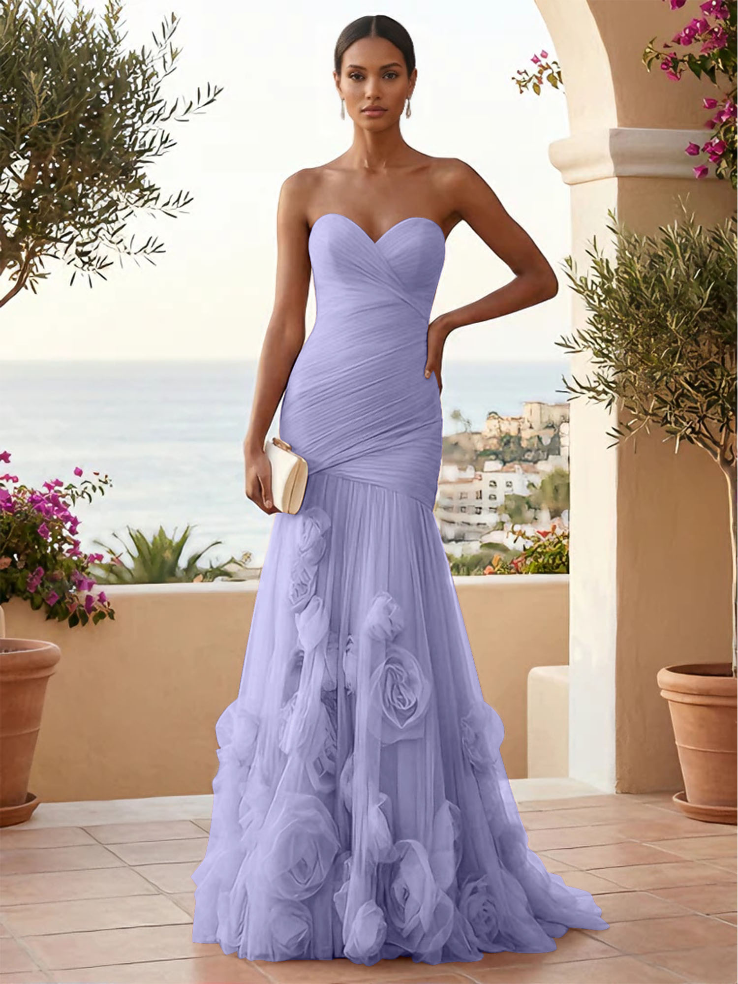 Sweetheart Tulle Pleat Mermaid Evening Dresses with 3D Flower