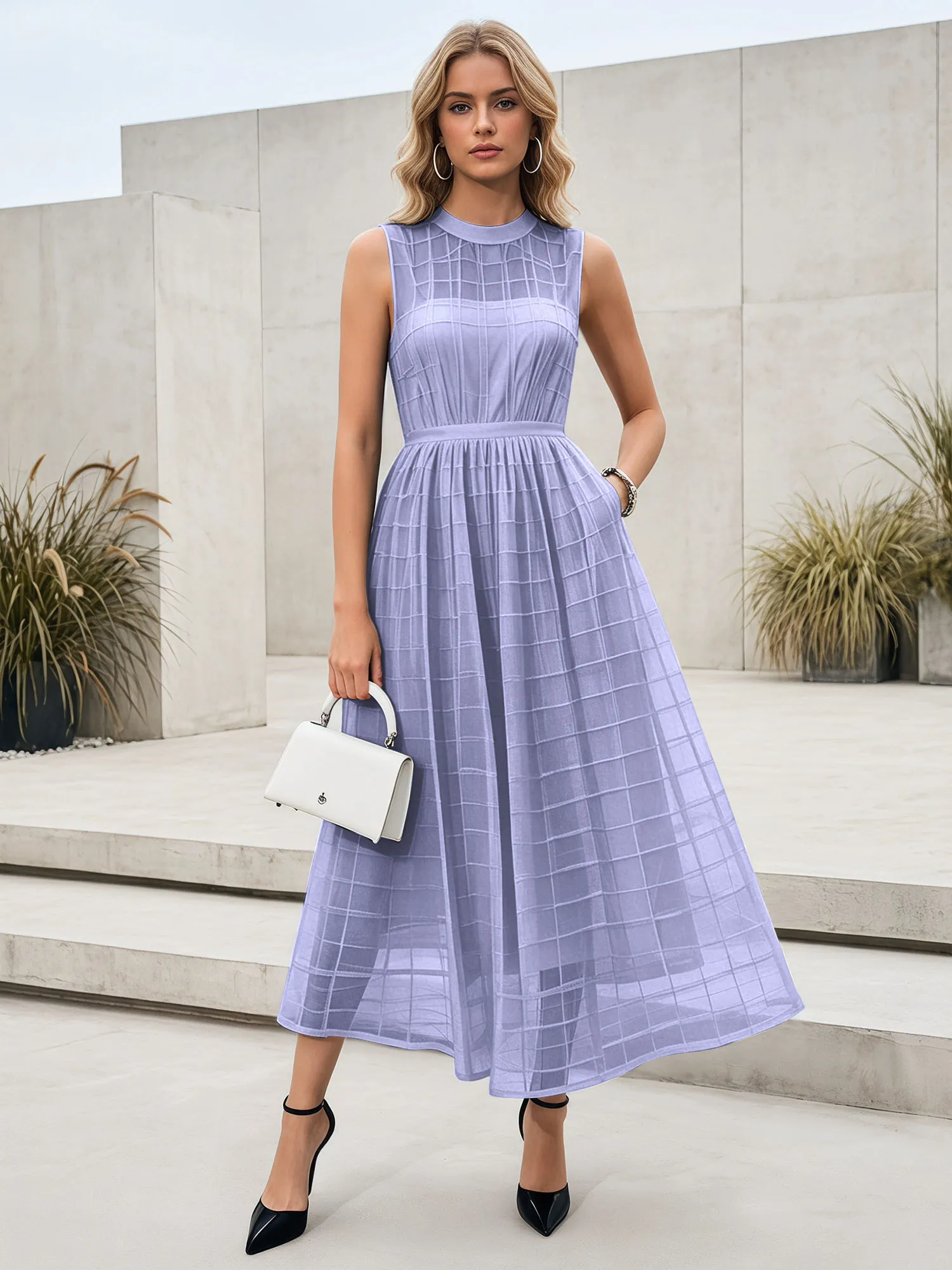 Sleeveless Grid Mesh A-Line Midi Evening Dress