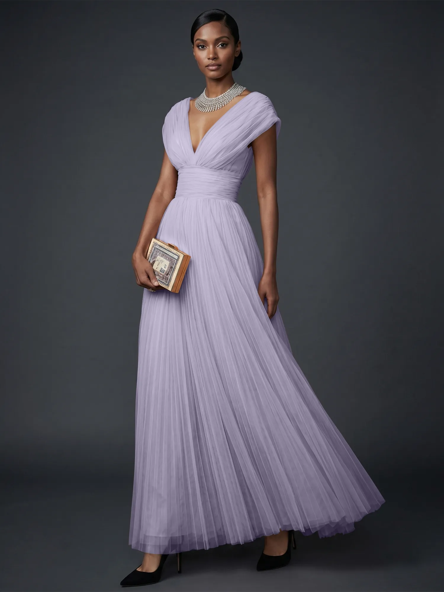 Draped V-Neck Pleated Tulle Evening Gown Maxi Dress
