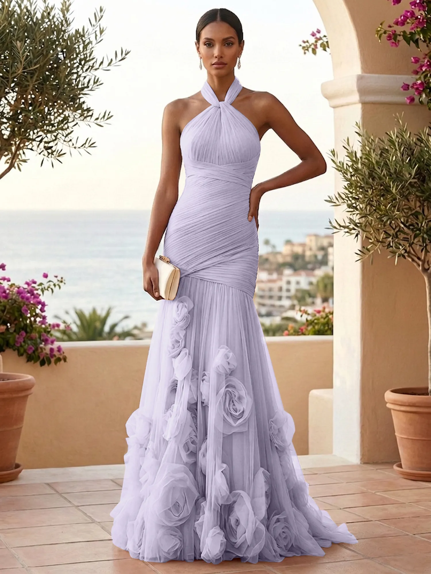 Halter Neck Ruched Tulle Mermaid Gown with 3D Floral Appliqués
