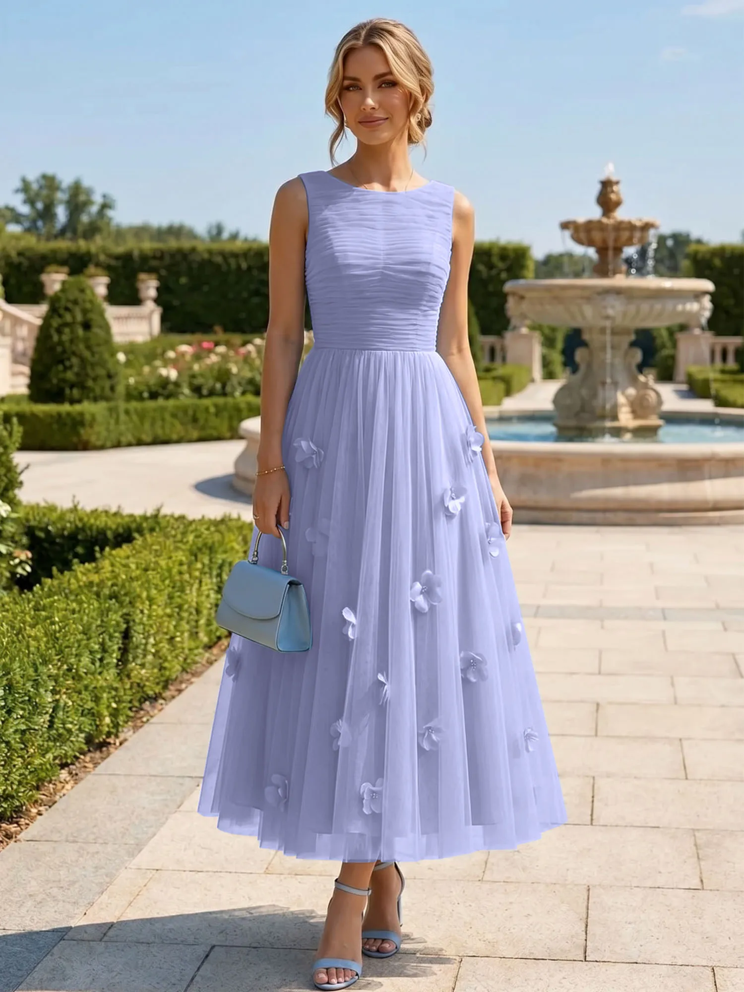 A Line Sleeveless Tulle Midi Dress with 3D Floral Appliqués
