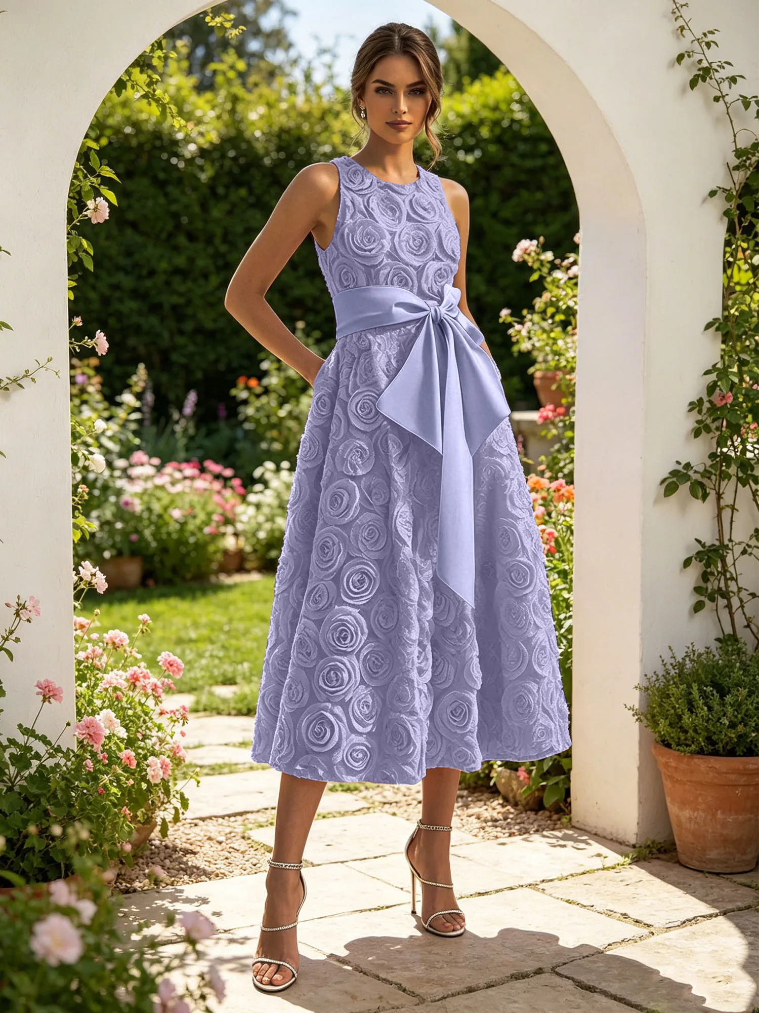 Sleeveless 3D Rose Midi Evening Dress with Satin Bow Sash