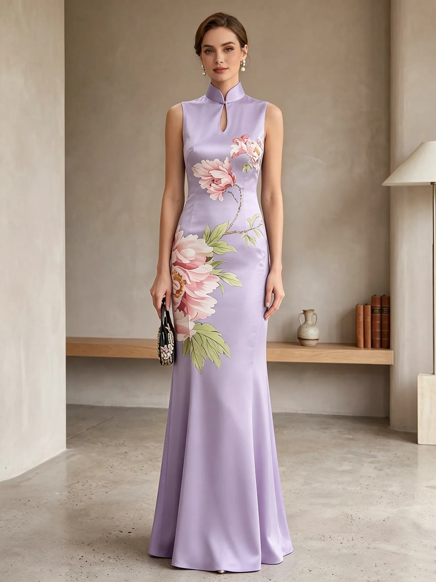 Satin Qipao-Inspired Floral Mermaid Evening Gown