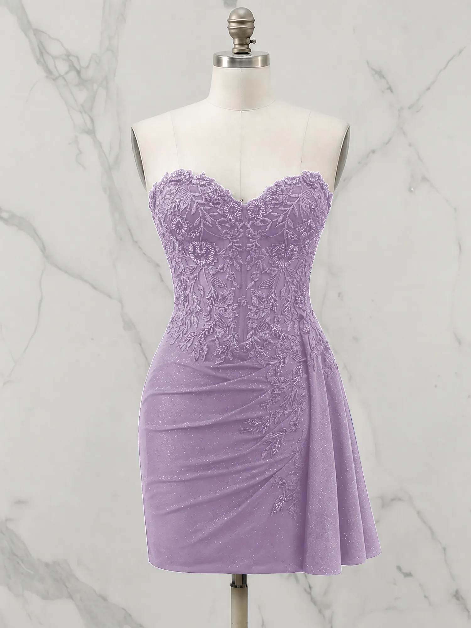 Strapless Lace Appliqué Glitter Homecoming Dress with Side Drape