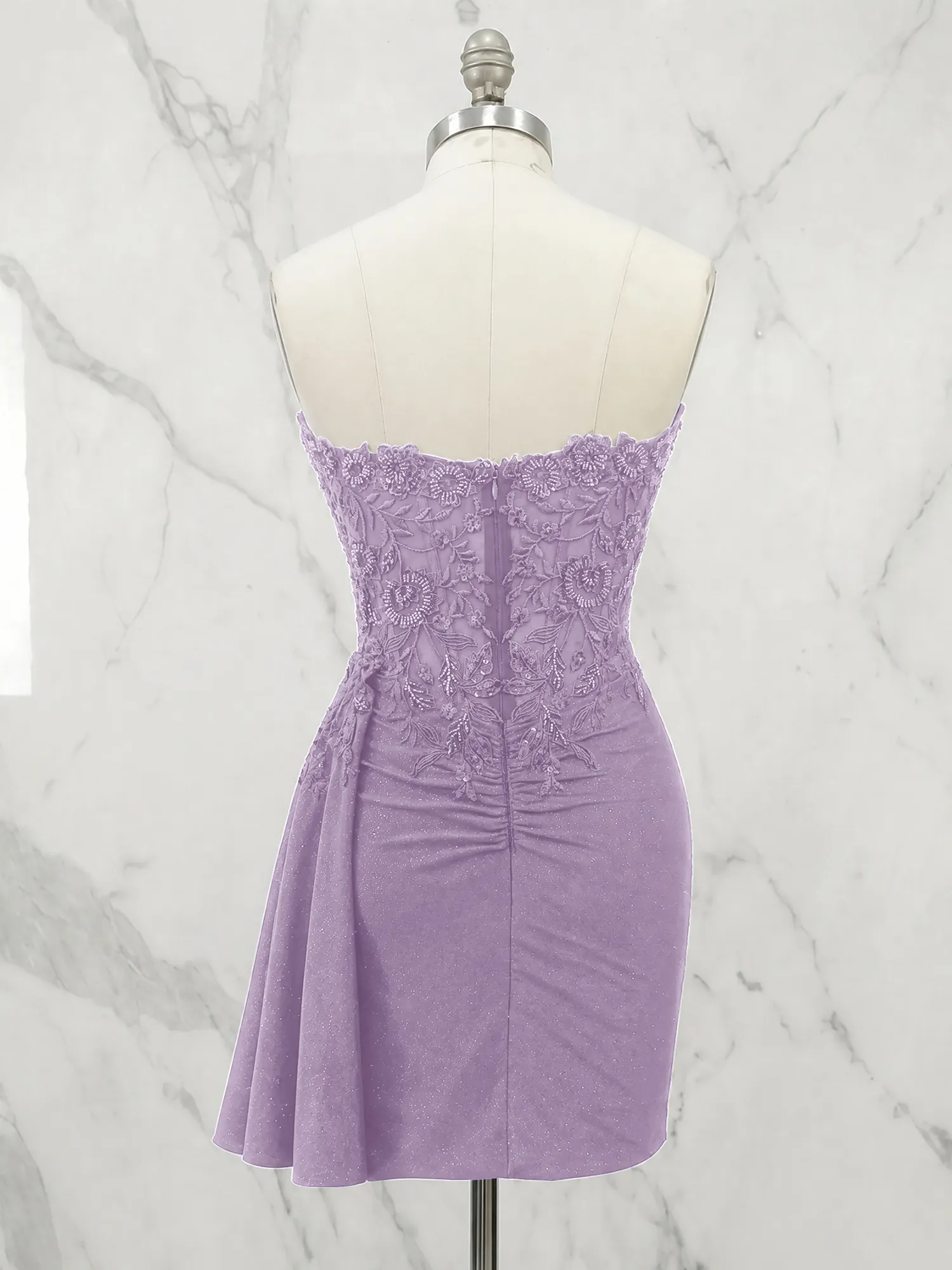 Strapless Lace Appliqué Glitter Homecoming Dress with Side Drape