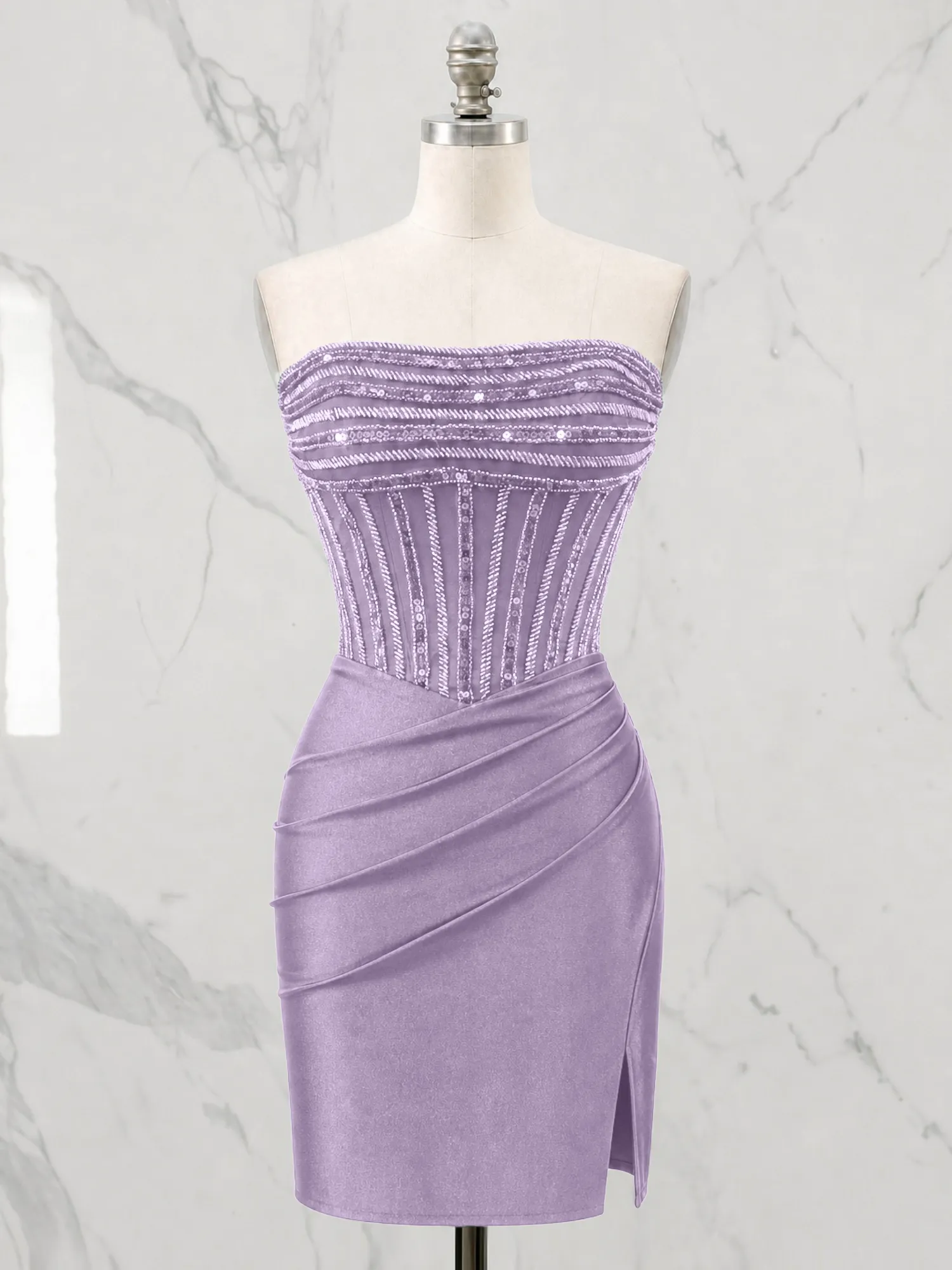 Strapless Beaded Corset Homecoming Dress with Ruched Skirt