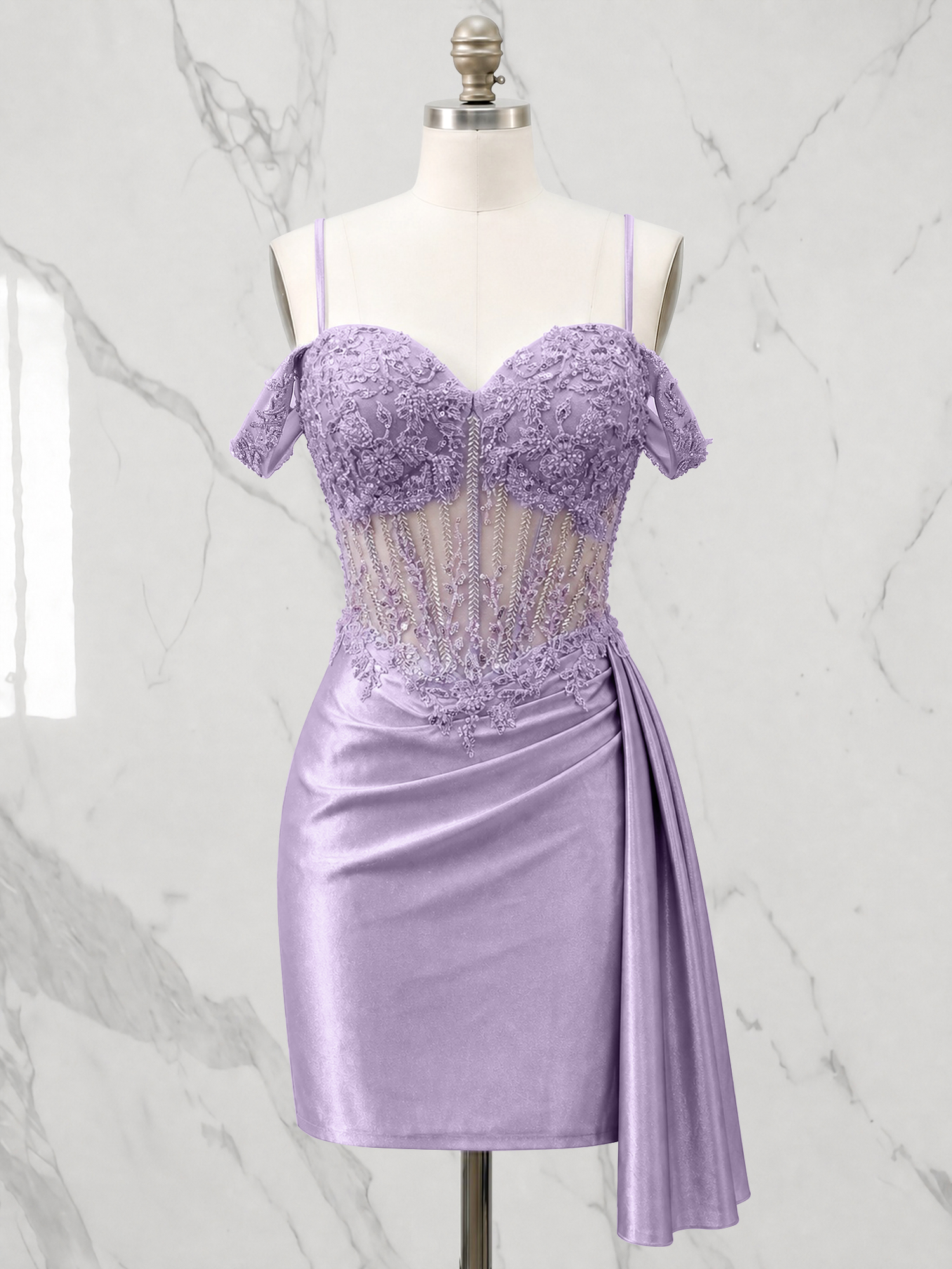 Off-the-Shoulder Lace Corset Homecoming Dress with Side Drape