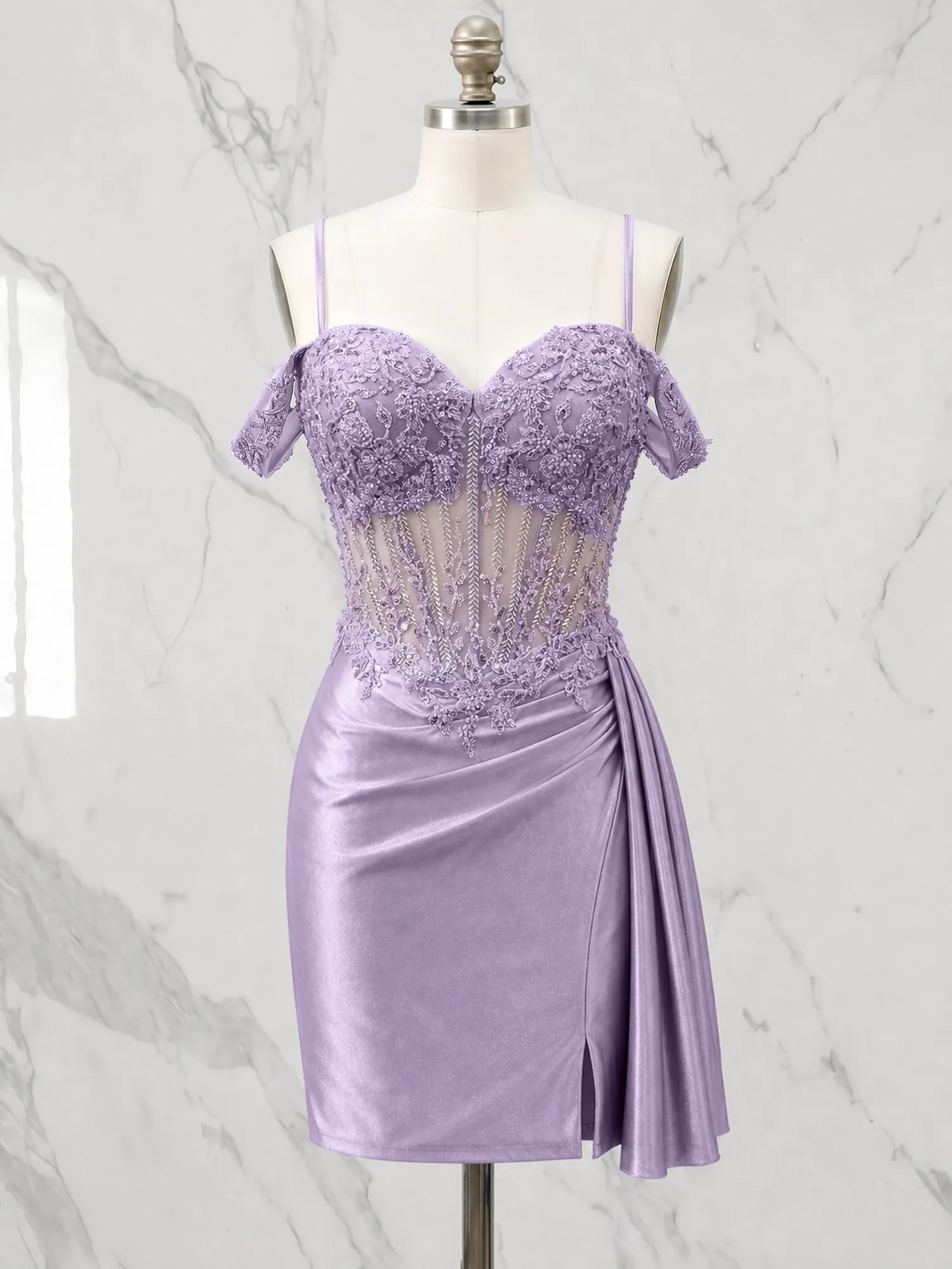 Off-the-Shoulder Lace Corset Homecoming Dress with Draped Skirt