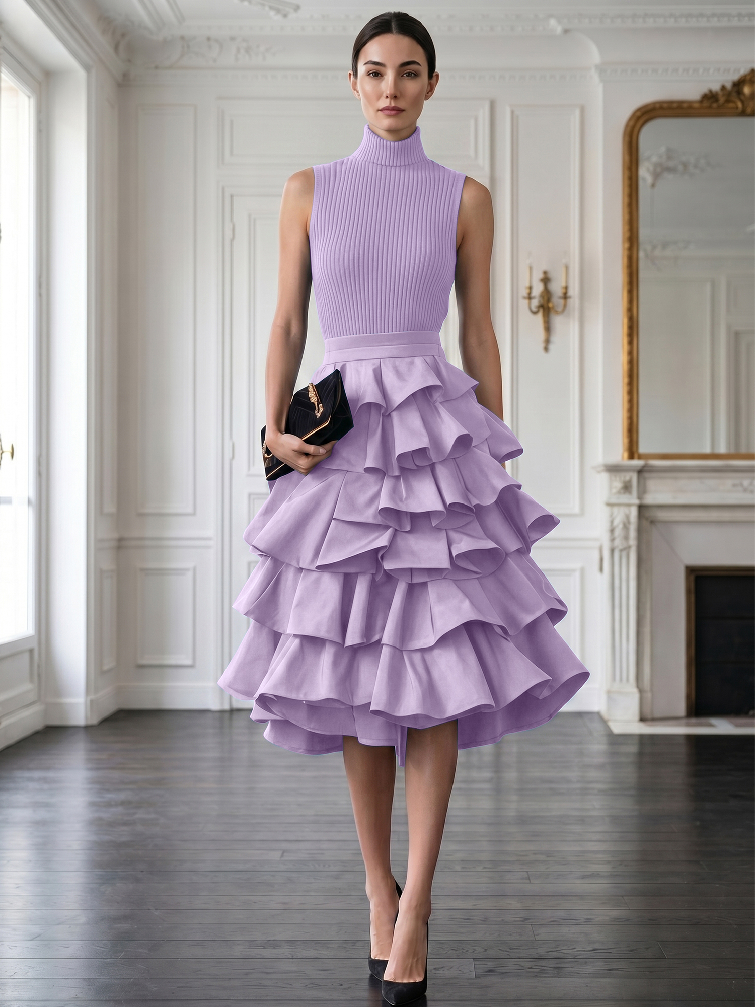 Avant-Garde Black High-Neck Tiered Ruffled Evening Gown