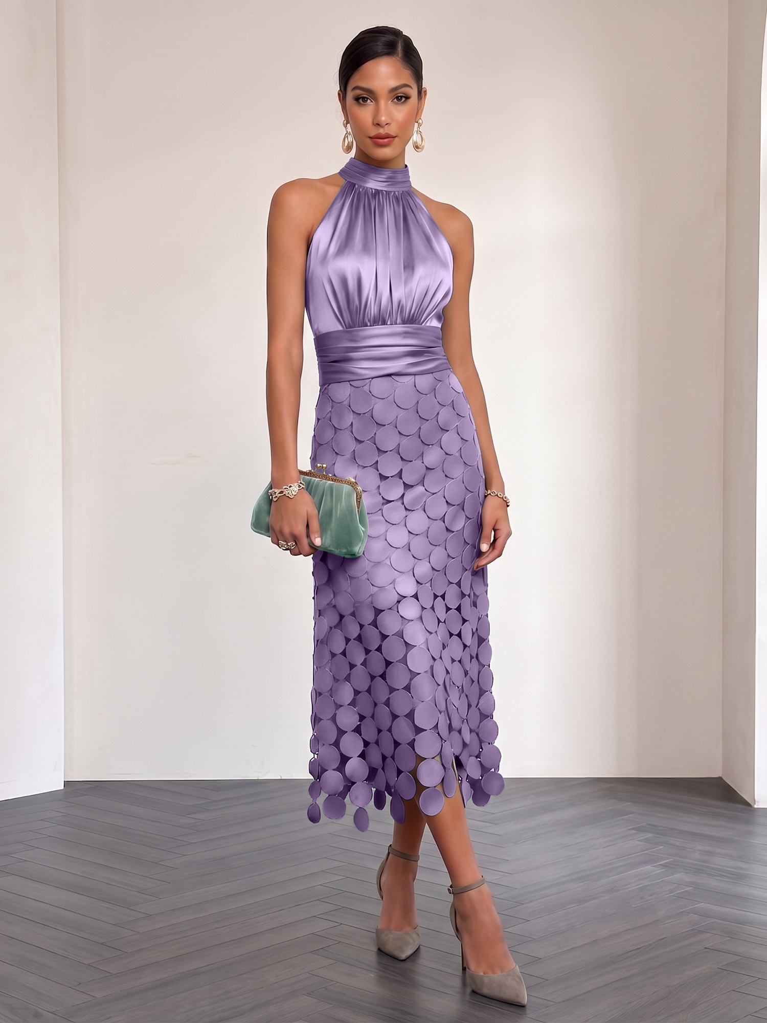 Ice Blue Satin Halter Circle Motif Midi Formal Evening Gown