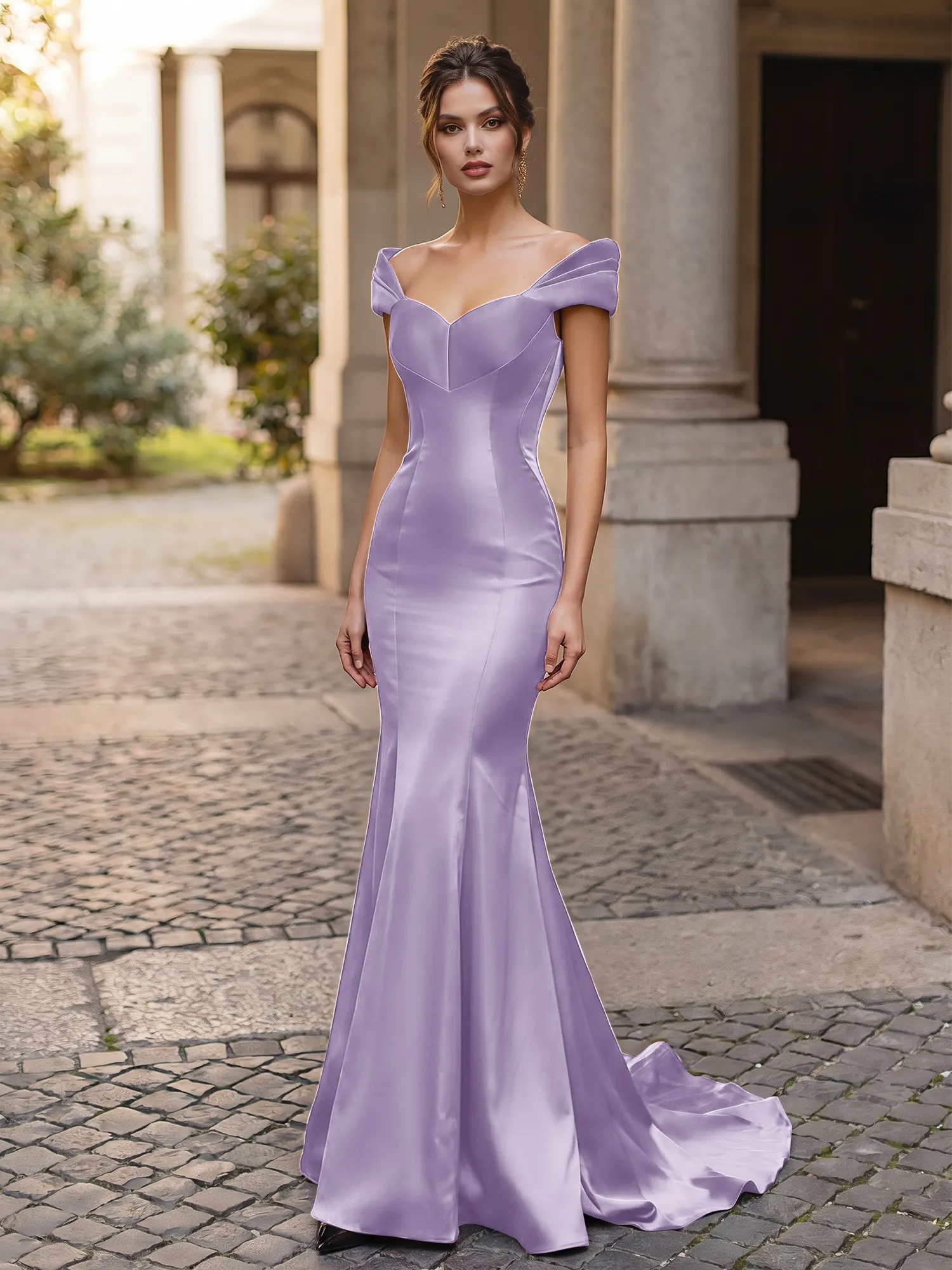 Off-the-Shoulder Sweetheart Lace-Up Back Satin Mermaid Prom Dress